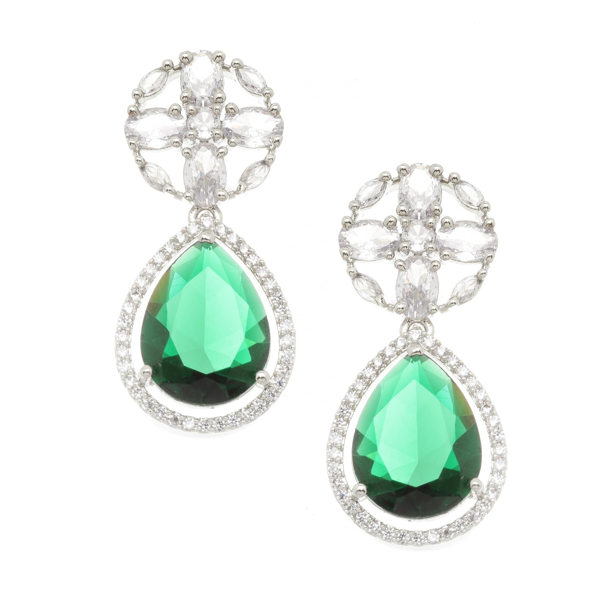 ZENEME Rhodium-Plated American Diamond Studded Teardrop & Floral Shaped Drop Earrings For Girls and Women (Green & White) (B0CGF3Z8Y4) Amazon Price History, Amazon Price Tracker