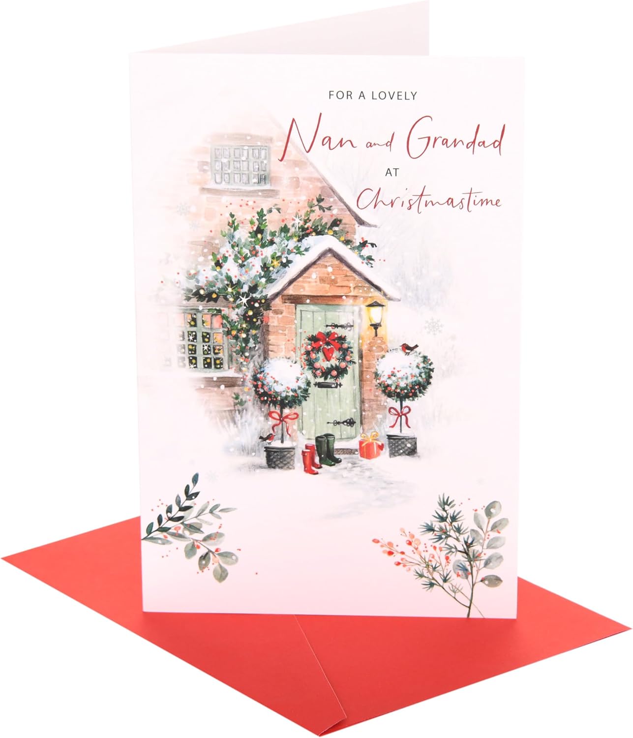 UK Greetings | Christmas Card for Nan & Grandad | Xmas Presents | Her/Him | snowy doorway | With Envelope | 21 x 13.7 cm