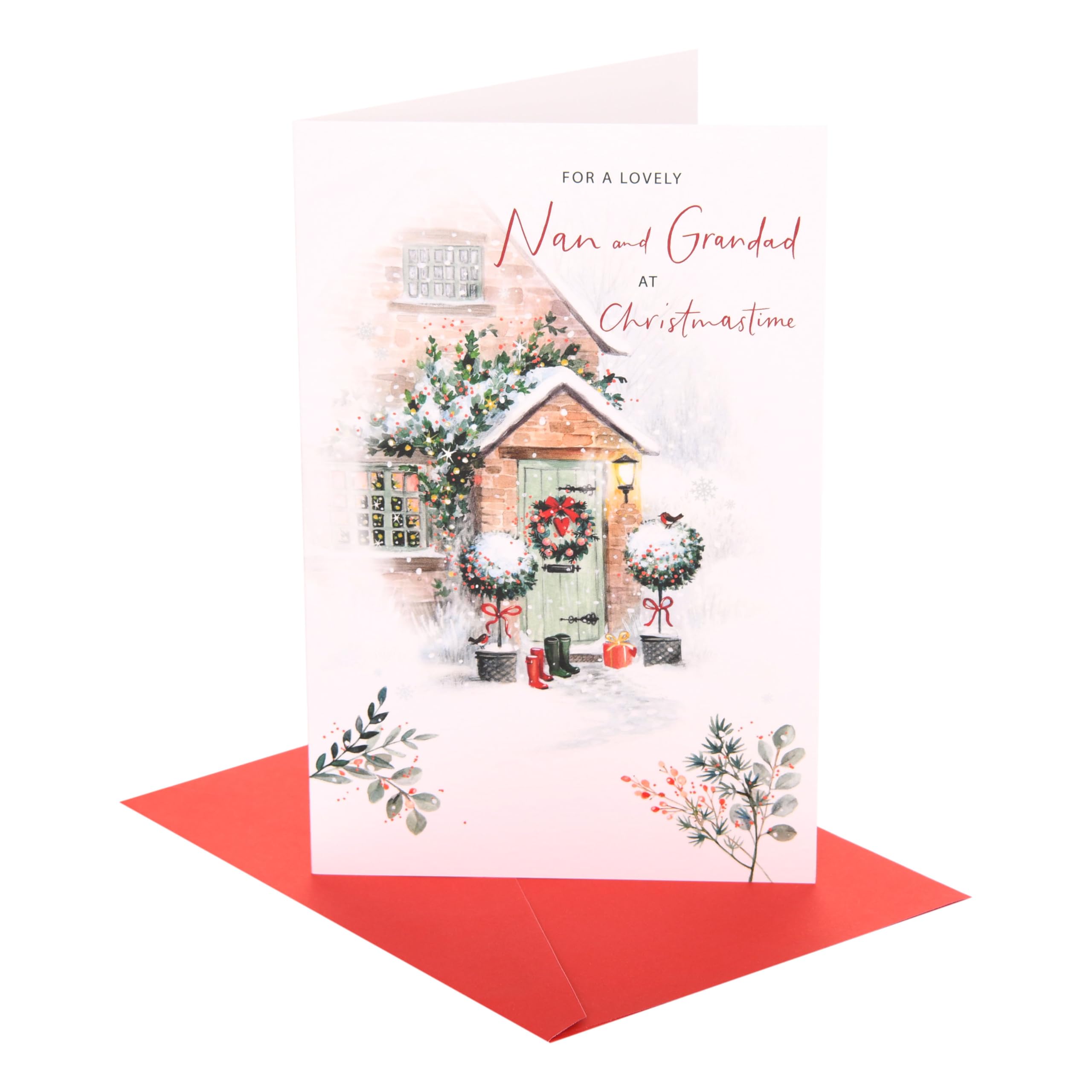 UK Greetings | Christmas Card for Nan & Grandad | Xmas Presents | Her/Him | snowy doorway | With Envelope | 21 x 13.7 cm