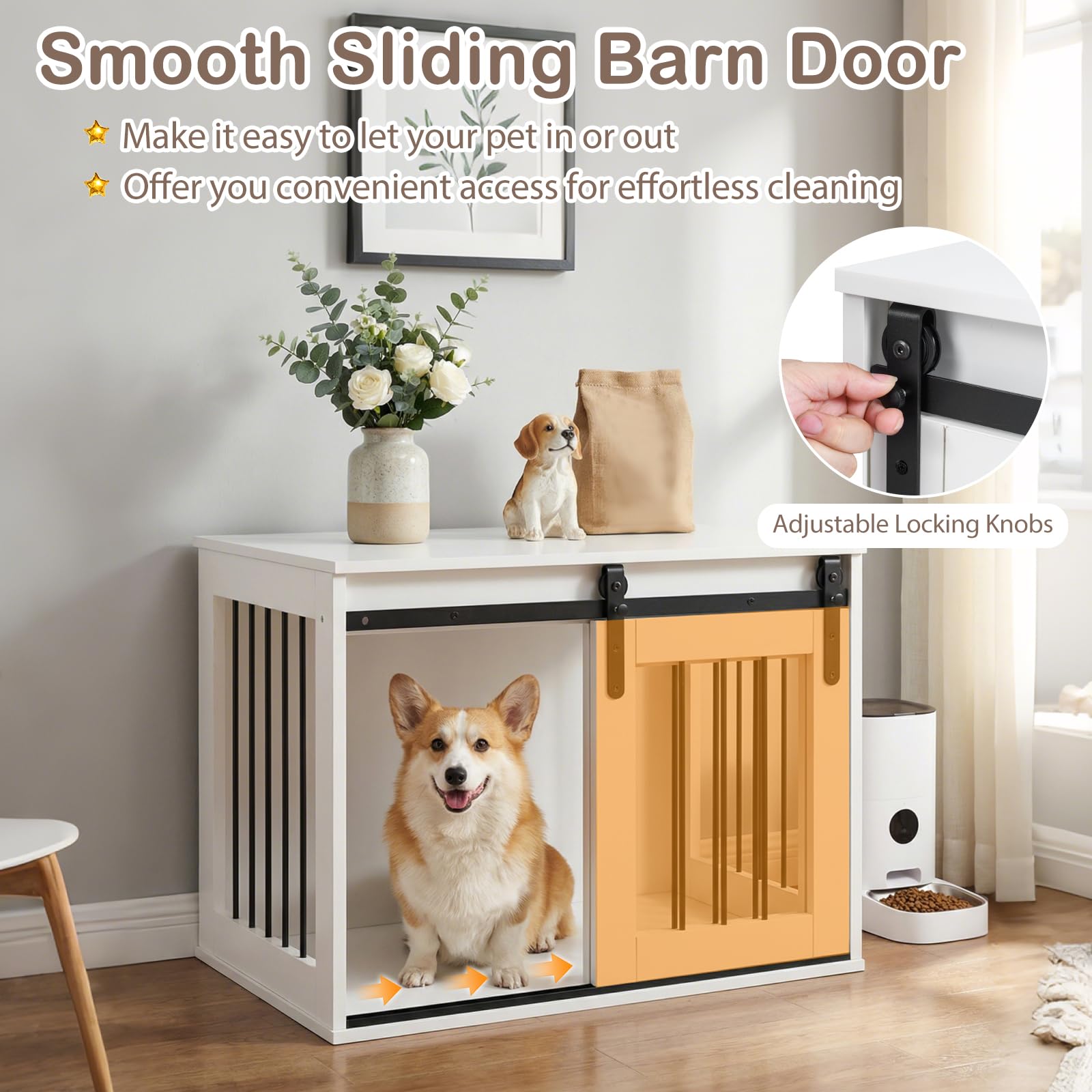 FANTASK Hundekäfig Möbel 80 cm, Hundebox mit Schiebetür & Metallrahmen, Hundeschrank aus Holz als Beistelltisch für kleine & mittelgroße Hunde, für Wohnzimmer, Schlafzimmer & Flur (Weiß)