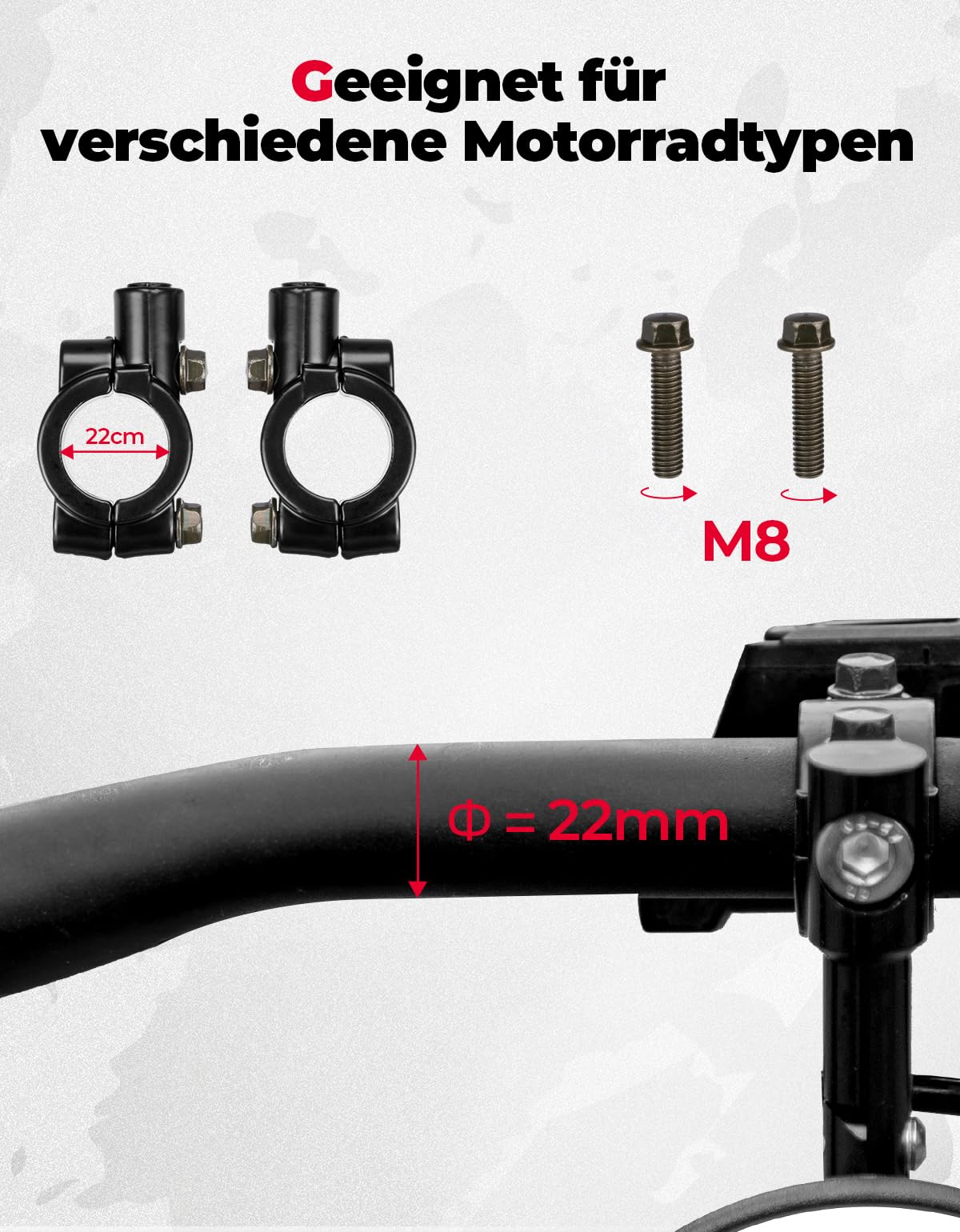 KEMIMOTO【2025 Upgraded】Motorrad Spiegel, E24 Geprüft, 2 Stück Lenkerspiegel, mit 2 Spiegel Halterungen, Runde Lenkerendenspiegel, Kompatibel mit Scooter, Roller, ATV, MT07, Z750, CB125R