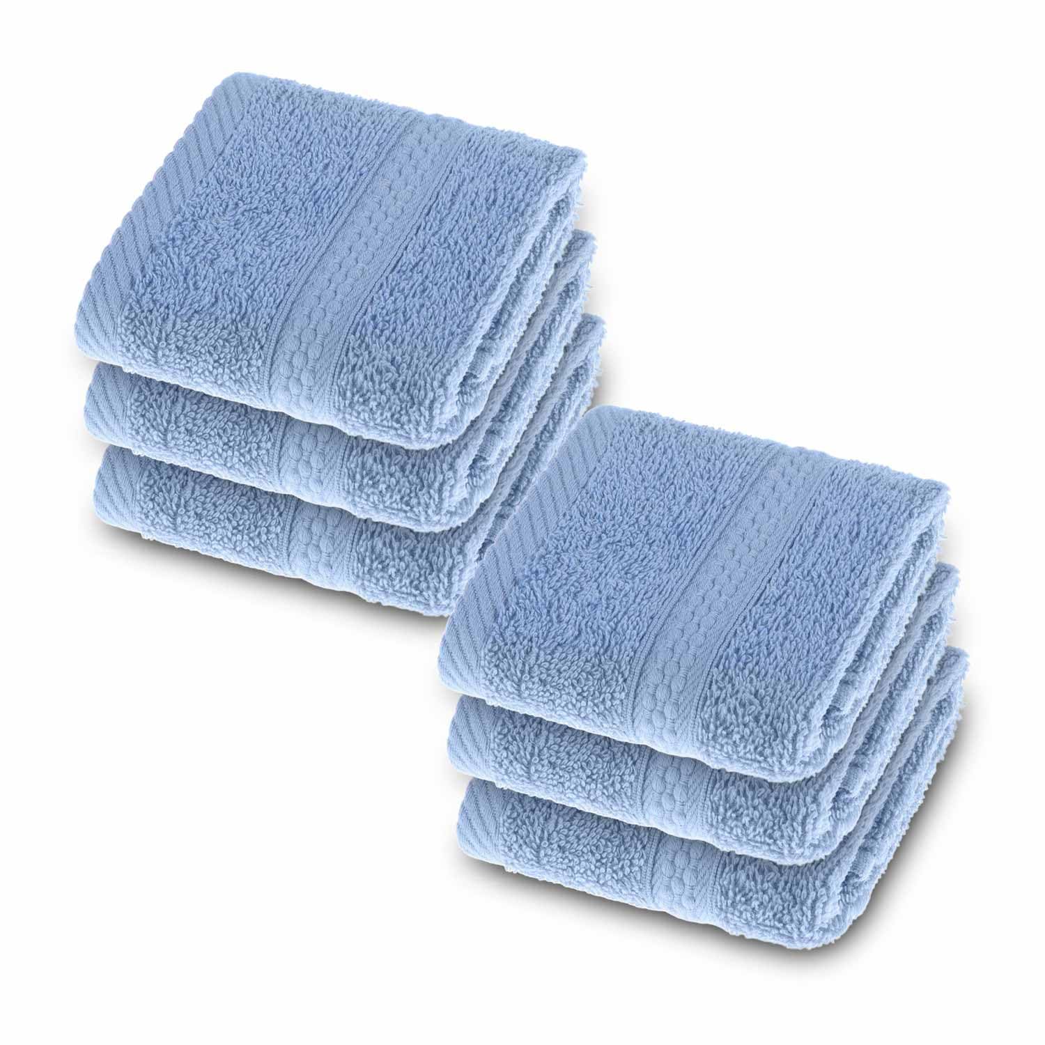 HOMESCAPES Light Blue Turkish Cotton Set of 6 Face Cloths Flannel Super Soft Thick & Absorbent 500 GSM Towel Heavy Weight for everyday Luxury