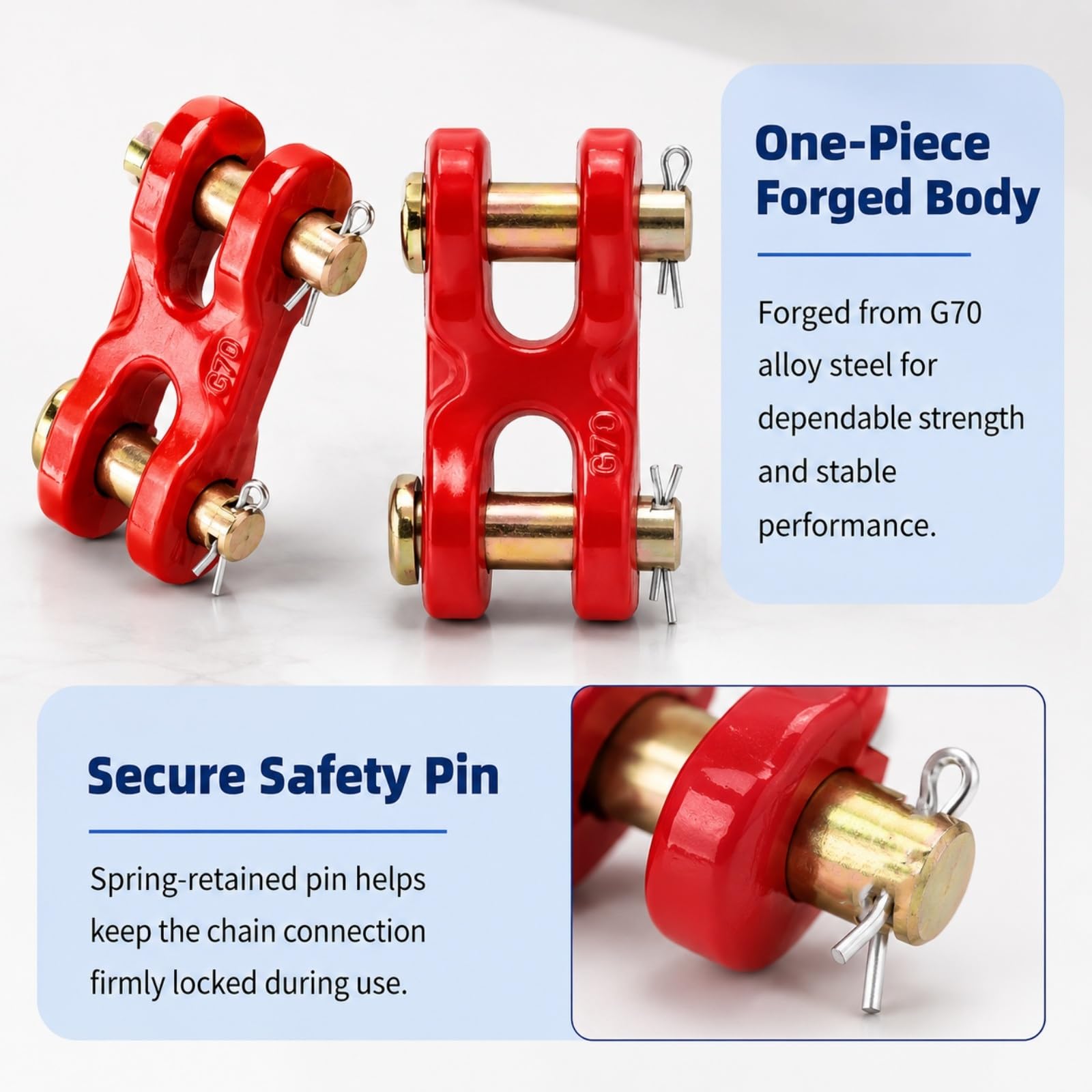 2 unidades G70 Twin Clevis Link 1/4-5/8 pulgadas conector de cadena de acero de aleación, enlace de aparejo resistente for remolque, remolque, seguridad de carga(Red,5/8 Inch)