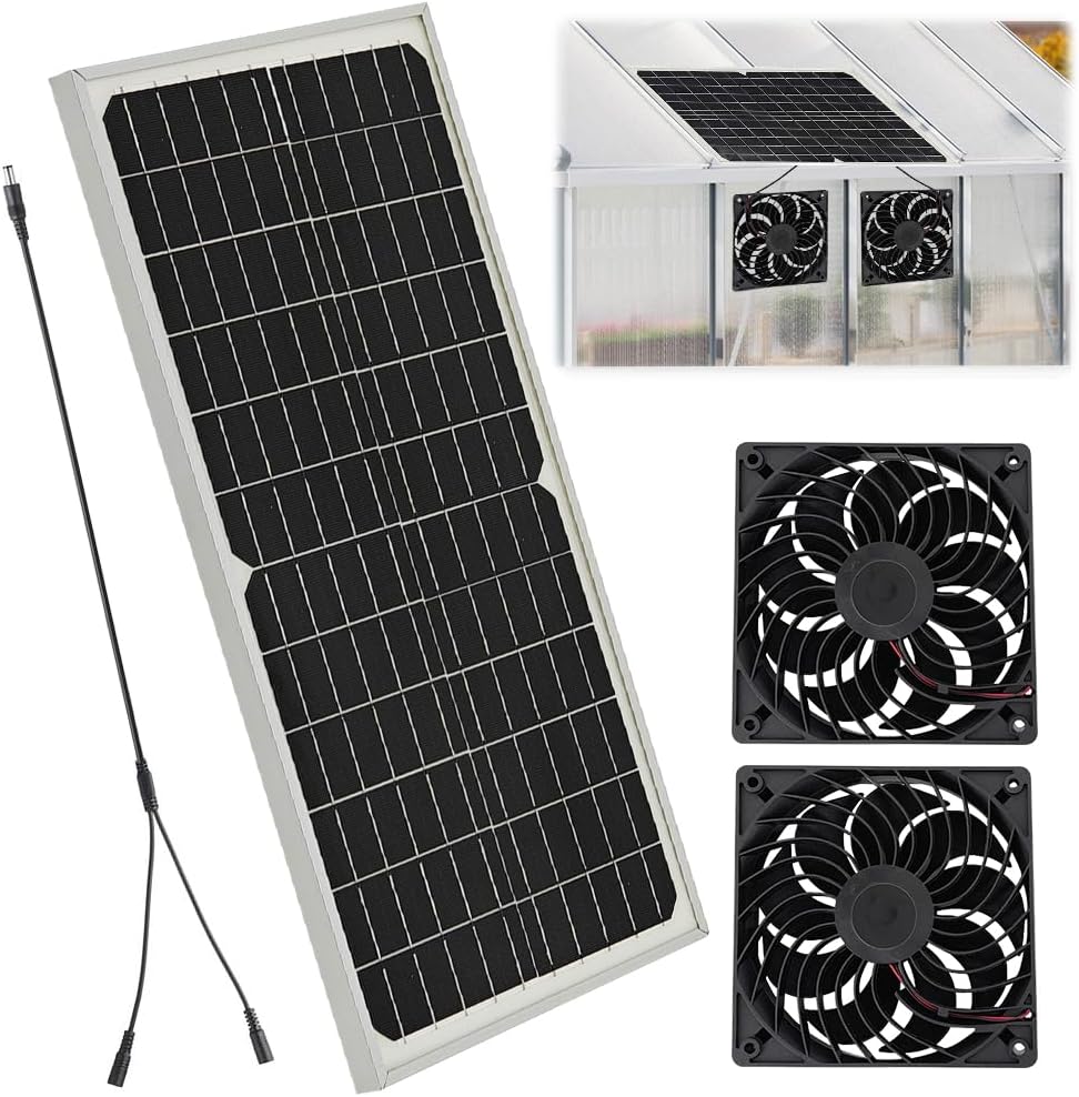 16W Solar Panel Fan Kit for Solar Panel, Solar Panel with 2 Waterproof Fans, Window Drain for Small Chickens, Greenhouses, Sheds
