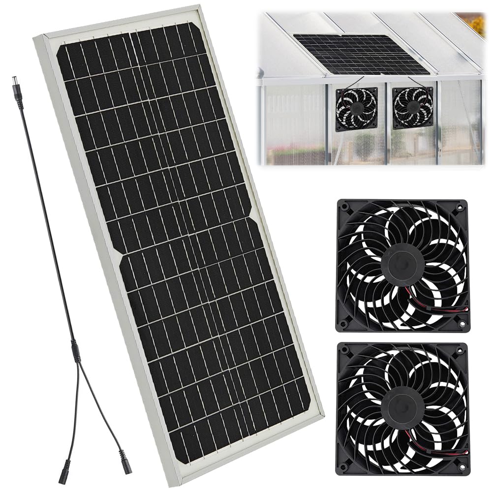 Ventilateur Solaire Exterieur 16W Kit Extracteur d'air Résistant aux Intempéries Fenêtre D'échappement 2 Ventilateurs étanches