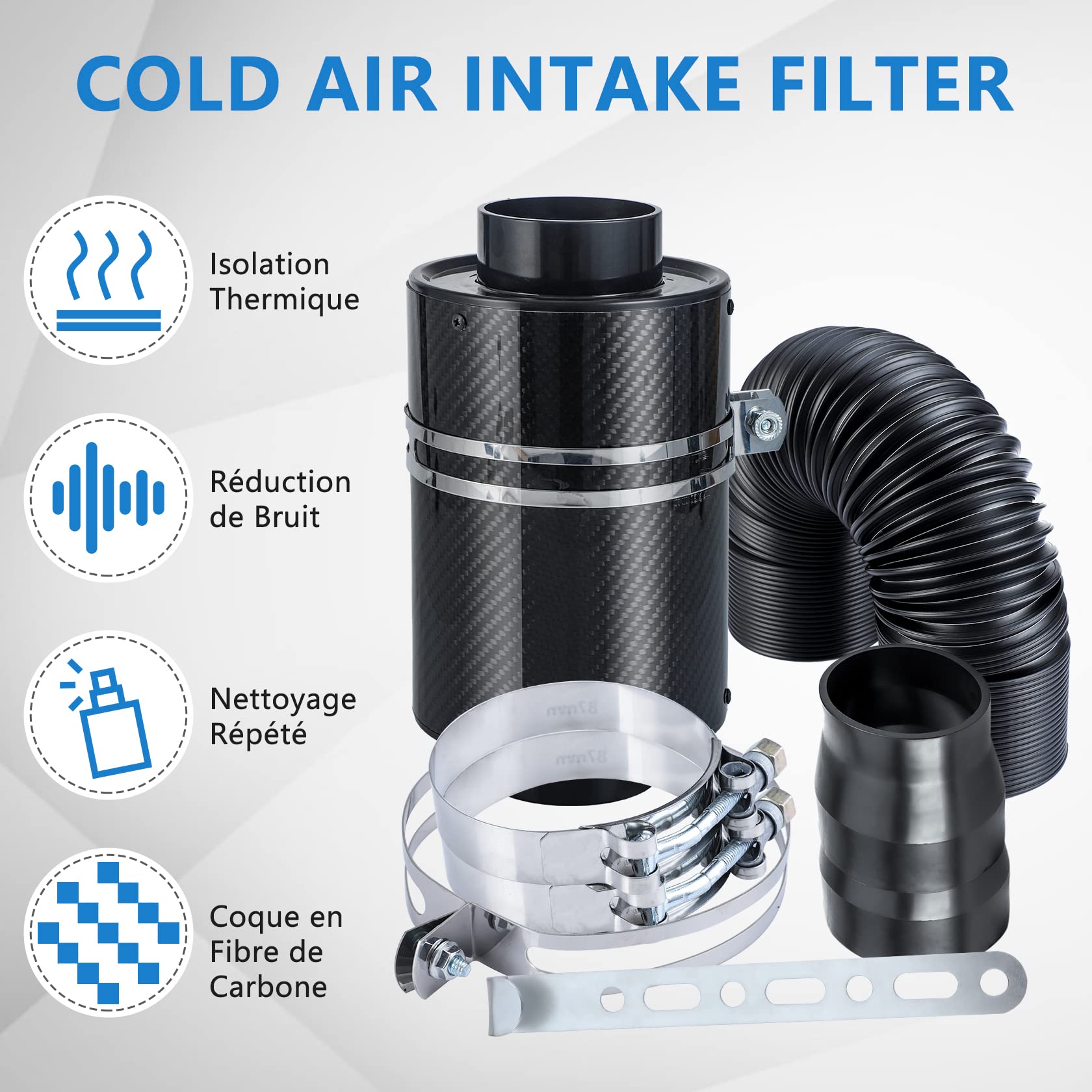 CarBole Filtre à Air Froid, 76mm, Tuyau Rétractable jusqu'à 225mm