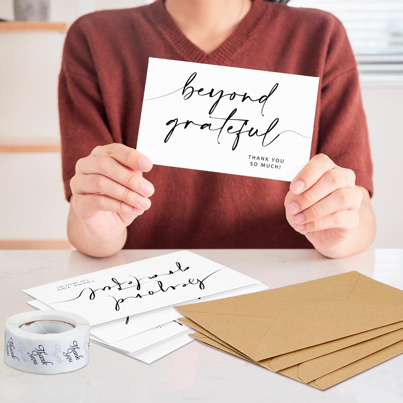200 biglietti di ringraziamento Beyond Grateful con buste in carta kraft e 500 adesivi abbinati, biglietti di ringraziamento da 10 x 15 cm, per baby shower, matrimoni, addio al nubilato, regali di
