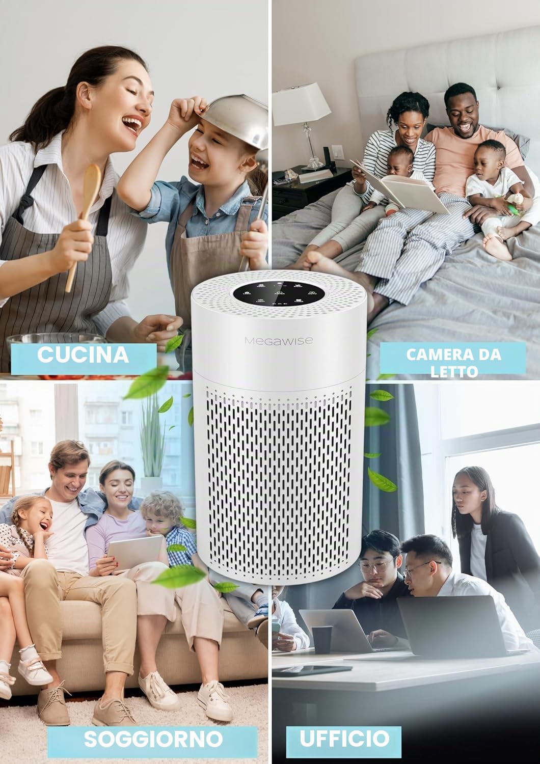 Purificatore d'aria per stanze grandi fino a 1080ft² Filtro HEPA H13 a 4 stadi, Carbone attivo, Sensore aria intelligente, Peli di animali domestici, Odori di fumo, Polvere, Silenzioso