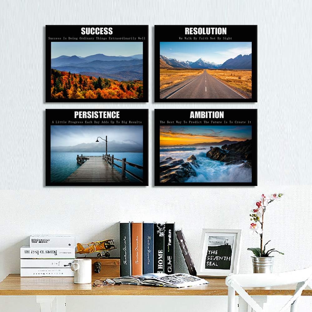 Welmeco 4 Packs Inspirational Canvas Prints Wall Art Success Ambition Resoluction Persistence Motivation Quote Words Framed Landscape Picture Decoration for Home Office Decor (02 Wisdom) (01, 12x16x4)