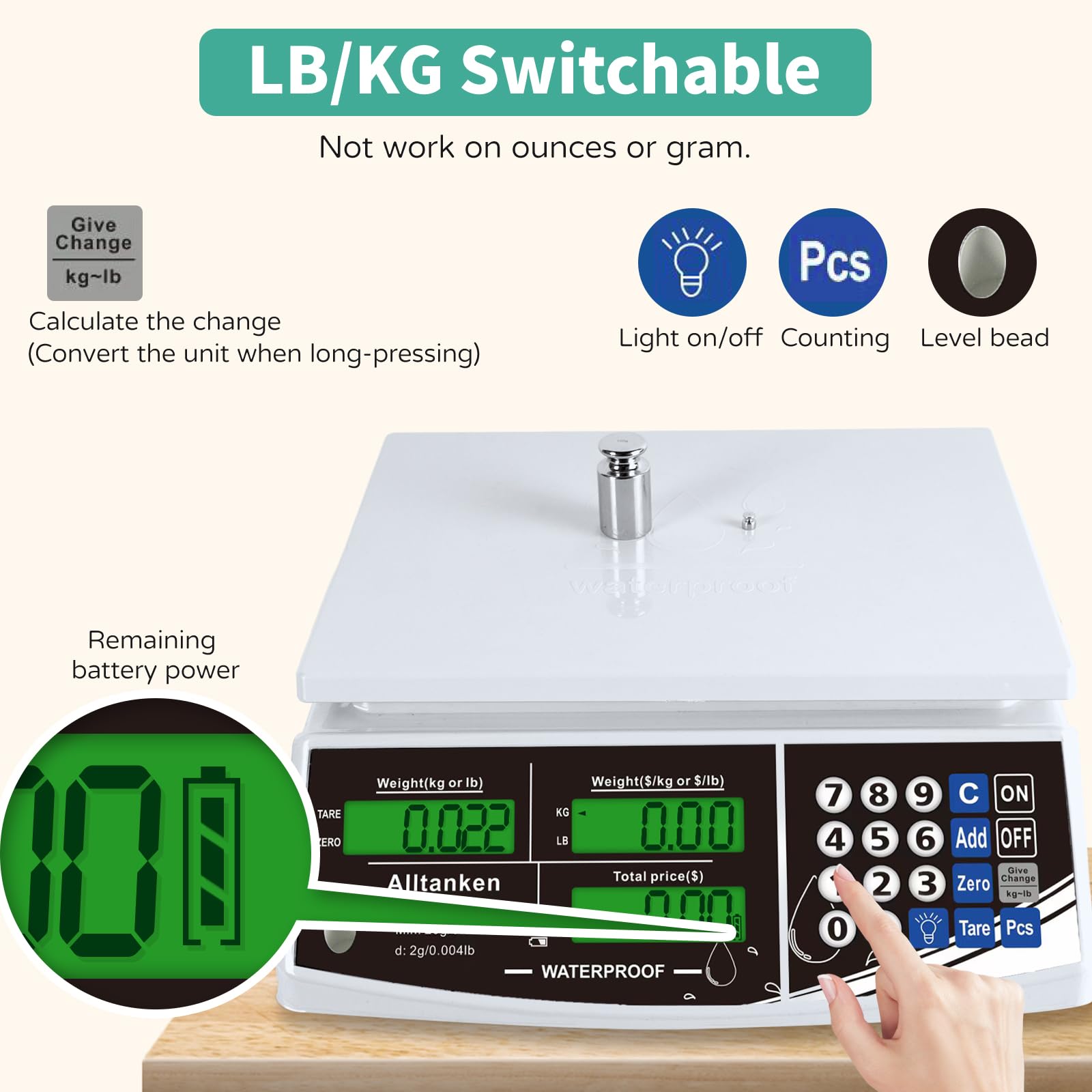 Báscula de cálculo de precios impermeable IP68, báscula digital de 66 libras para alimentos comerciales y carnes con pantalla LCD verde