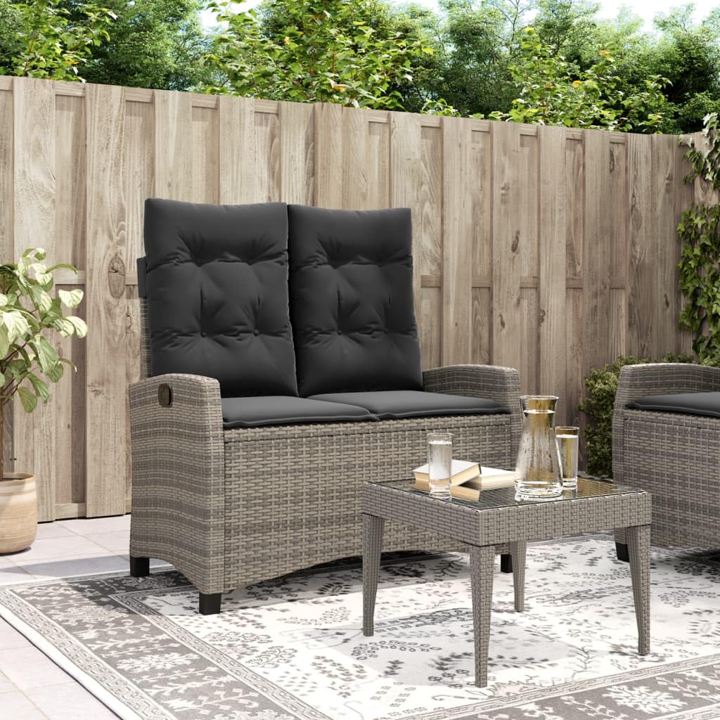 vidaXL Gartenbank Verstellbar mit Kissen, Bank mit abnehmbarem waschbarem Bezug, Sitzbank mit Stahlrahmen, Terrassenbank Gartenmöbel, Grau Poly Rattan