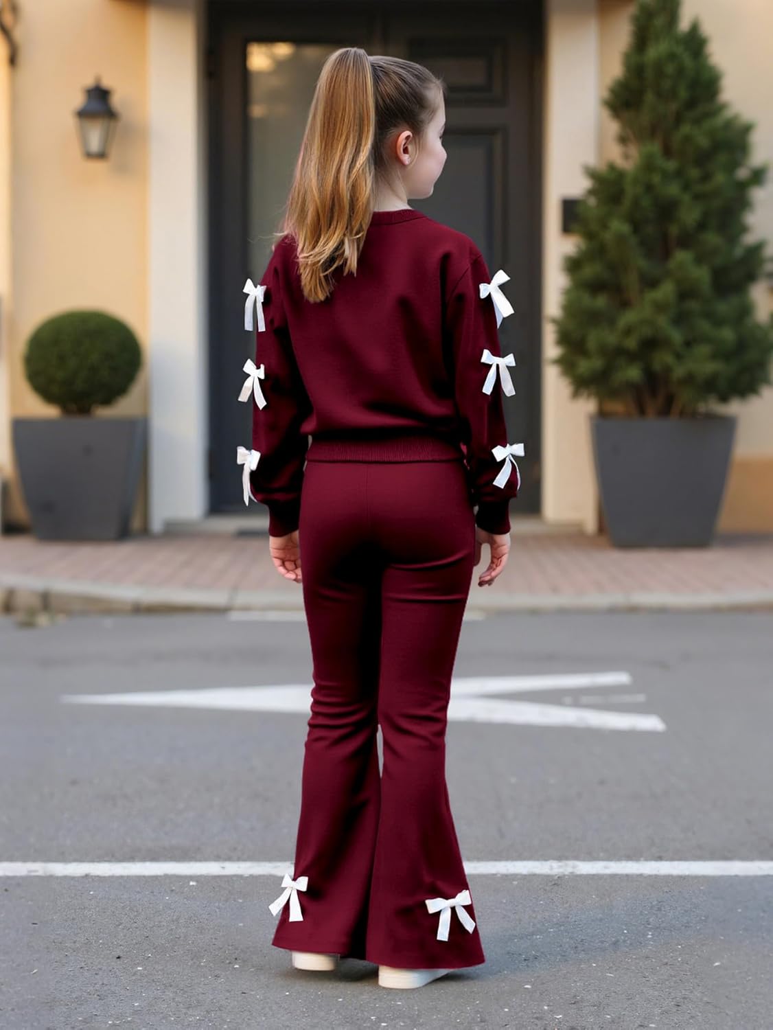 Girls Long Sleeve Sweatshirt 2 Piece, Bow Graphic Top and Pants Spring Fall Fashion Casual Clothes. - Image 5
