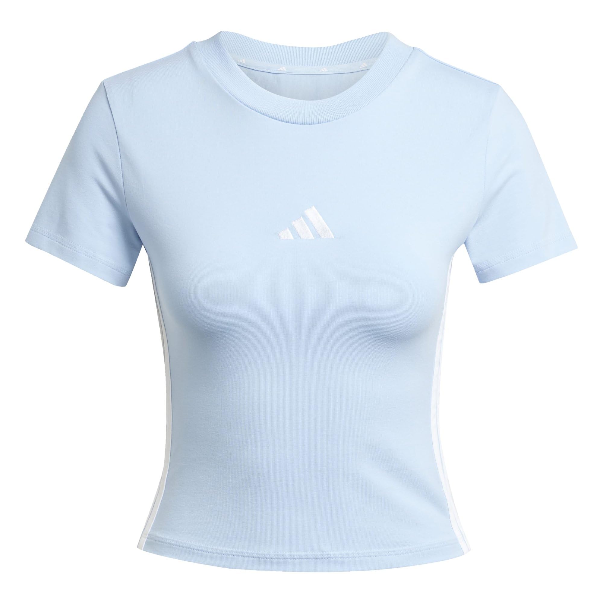 adidas Women's Essentials 3 Stripes Slim Baby Shirt, Glow Blue/White, XL