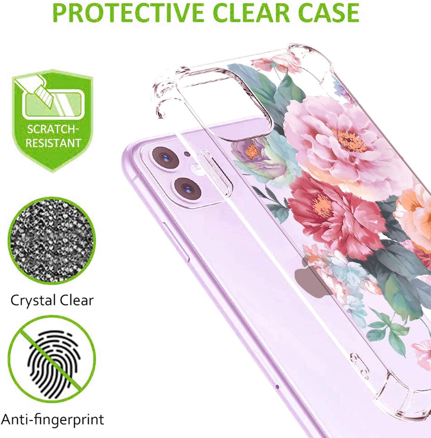 hepix Floral Clear iPhone 11 Case Pink 11 Cases Penoy Flowers, Slim Flexible Protective TPU Frame with Reinforced Bumpers, Anti-Scratch Shock Absorbing for iPhone 11 (6.1") 2019