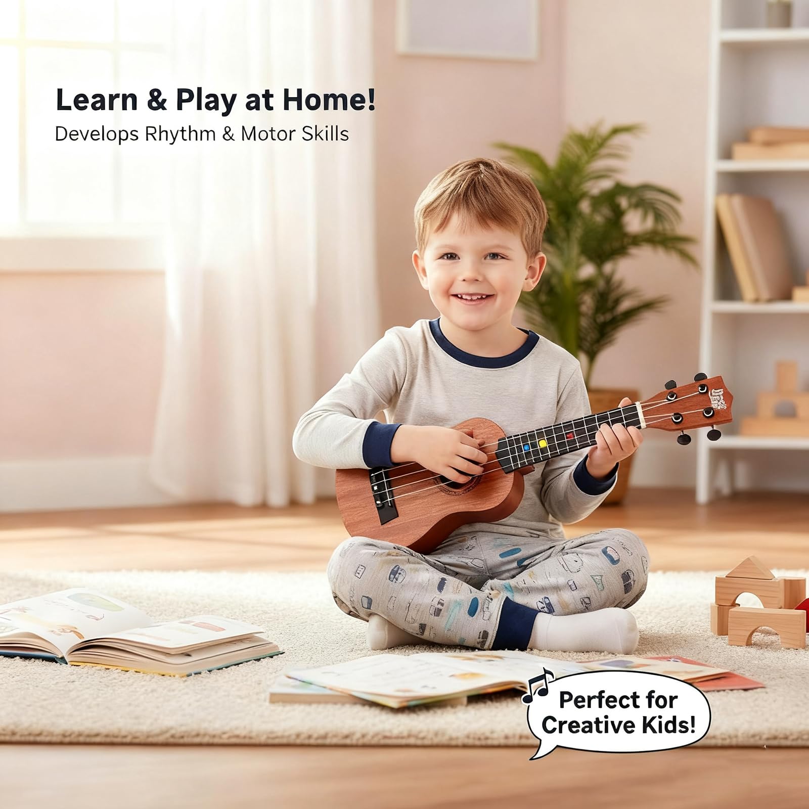 Guitarra Infantil, Juguete de Guitarra Infantil, Ukelele de Juguete para Niños, para Niños 4 Cuerdas Instrumentos Musicales Juguete Educativo, Adecuado para niños de 3 a 6 años (Registro 44cm)
