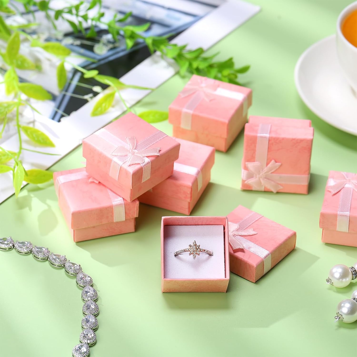 Huquary 160 Pcs Ring Gift Box with Ribbon Bow Cardboard Jewelry Gift Box for Proposal Wedding Birthday Earring Display(Pink)