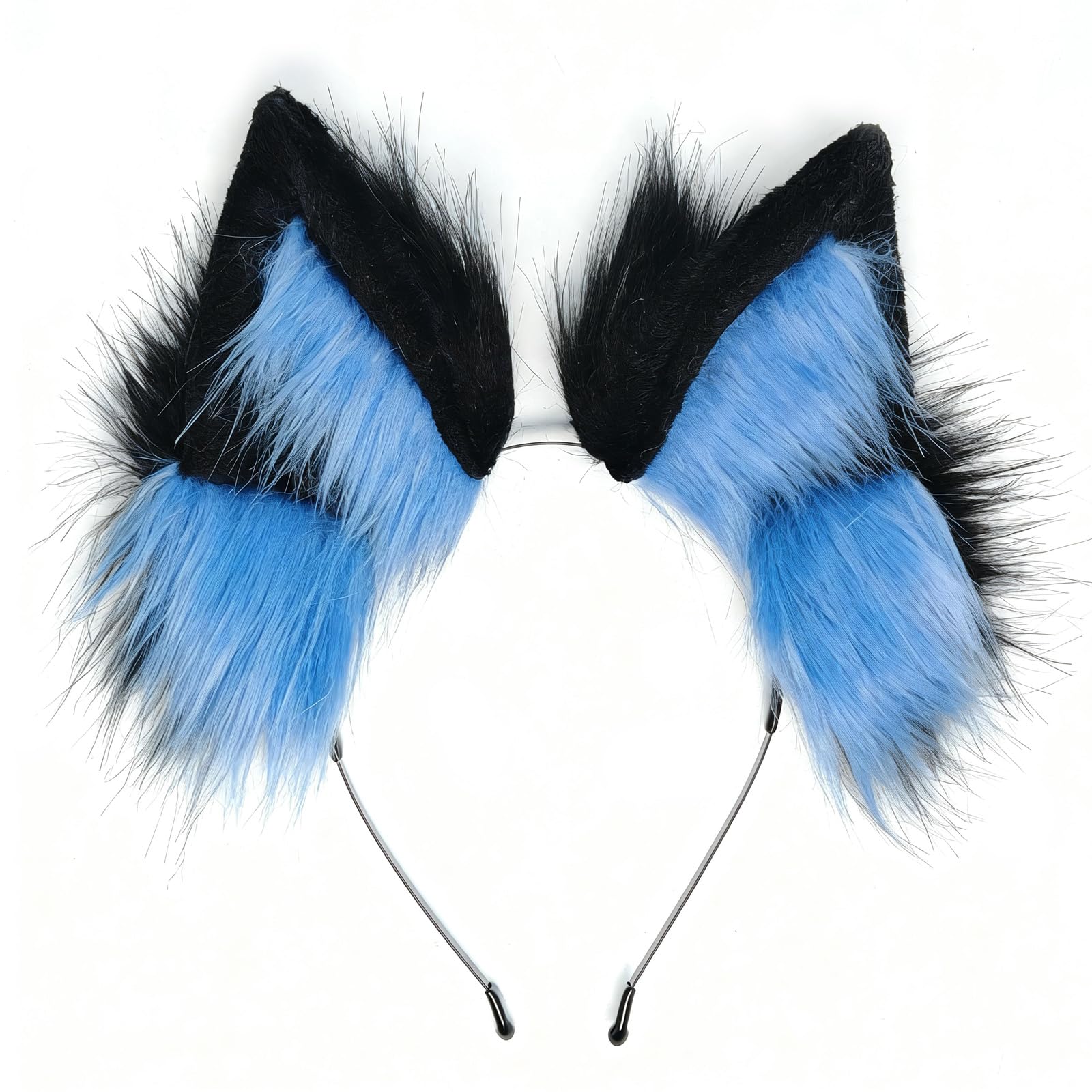 AUSTUFF Handmade Faux Fur Fox Wolf Cat Ears Headband Furry Animals Ears Headwear Cute Head Accessories for Cosplay Party Halloween, Black+Grey (Black+Blue)