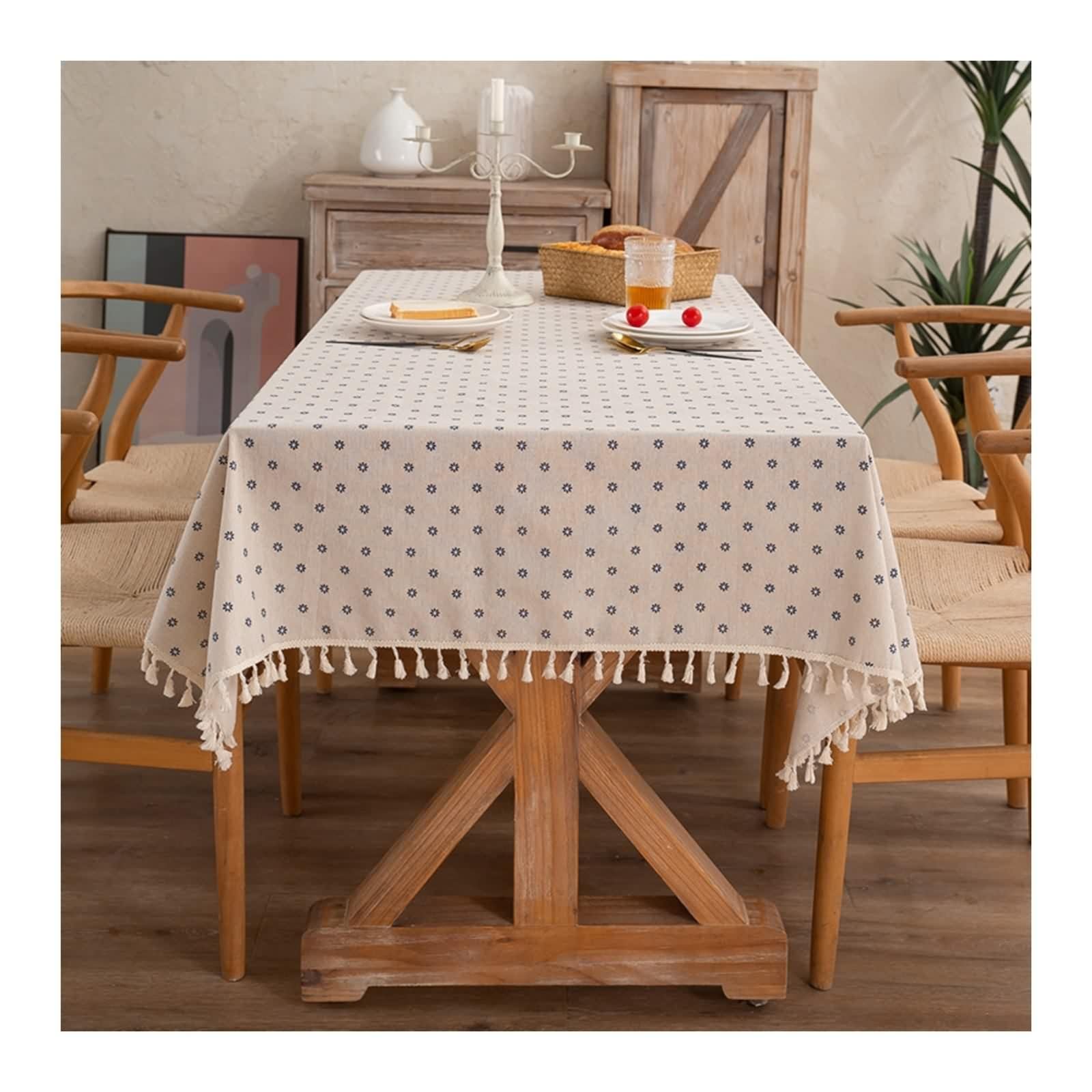 Tovaglia Fiori, Tovaglia Blu Festa Cotone Poliestere con Nappa Tovaglia Tavolo 140X160CM per Compleanno Matrimonio