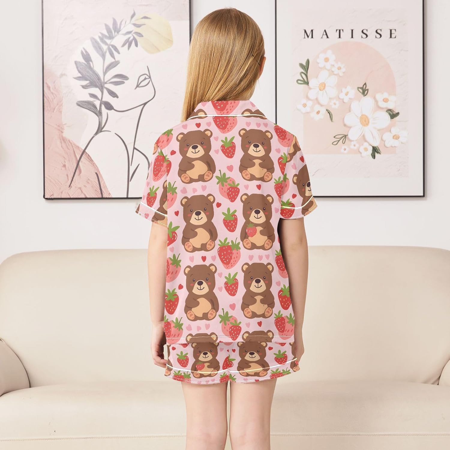 Kids Casual Satin Wear Set Cartoon Bear and Strawberry Pattern Unisex Short Sleeve Clothing for Relaxing