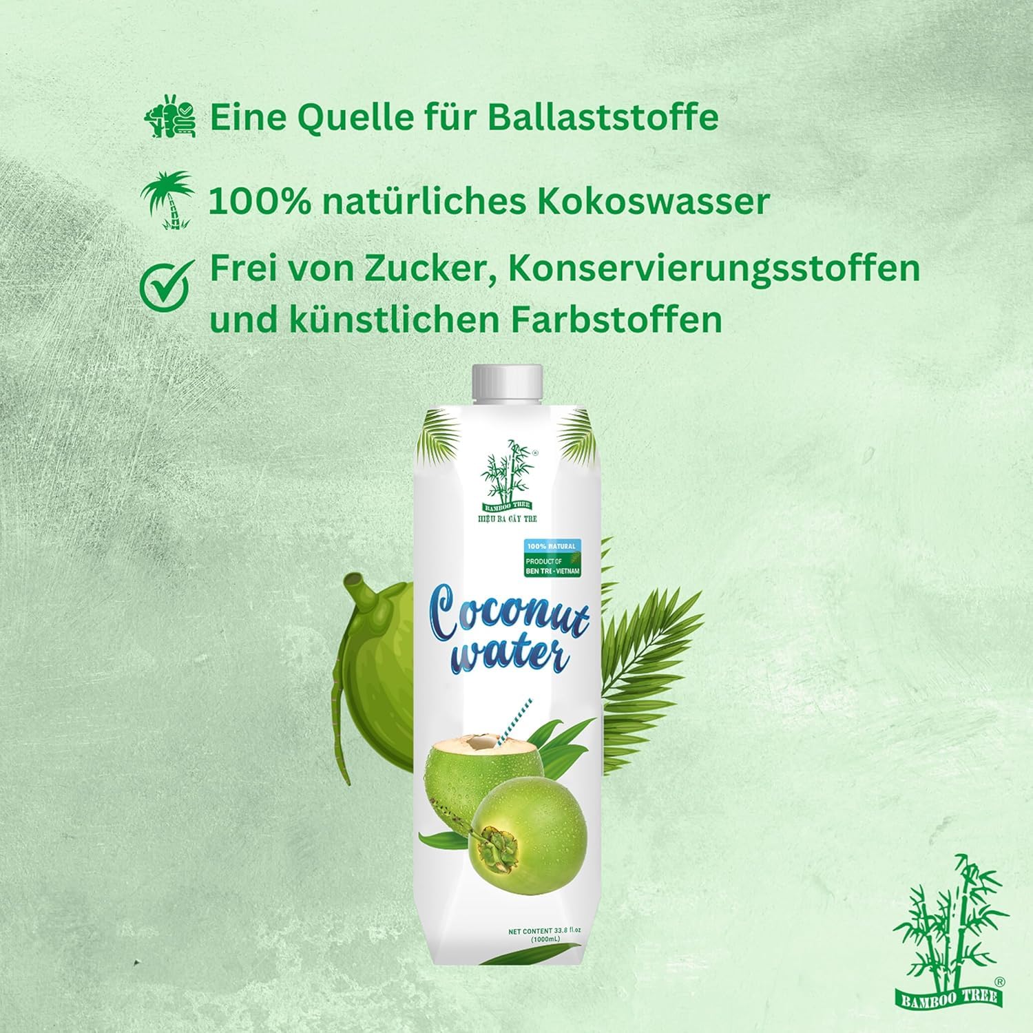 BAMBOO TREE Kokoswasser 12x1L – 100% Natürlich – Reich an Ballaststoffen – Ohne Zuckerzusatz – Glutenfrei – Premium Qualität aus Vietnam