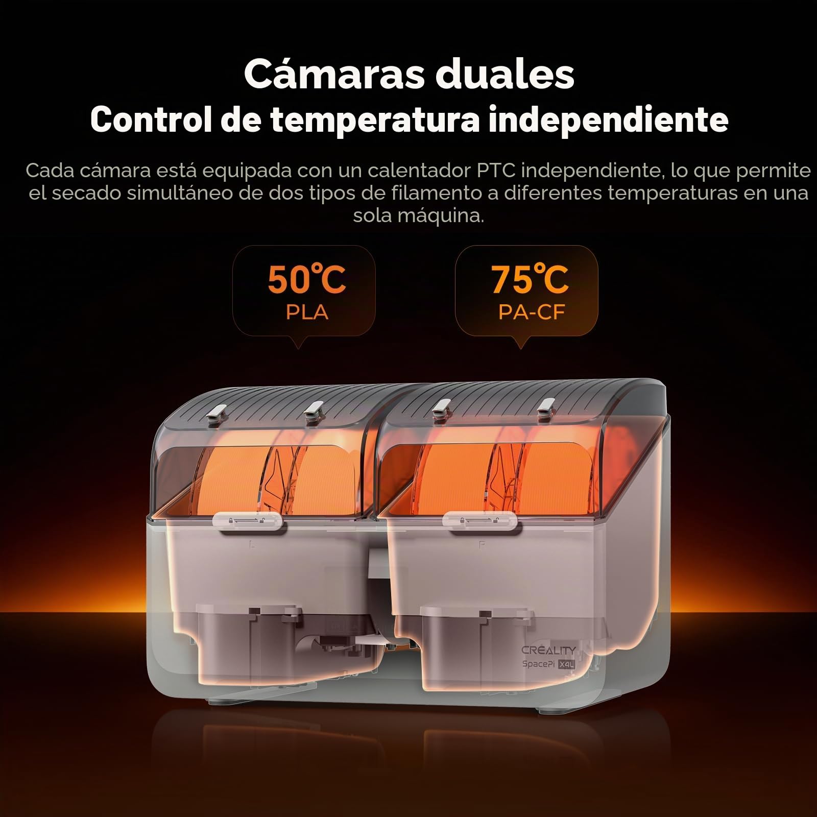 Creality Secador de Filamento para 4 Bobinas, SpacePi X4L Filament Dryer, Doble Cámara de Calentamiento Independiente, Temperatura hasta 75 °C, Caja de Secado para PLA PETG ABS TPU PA