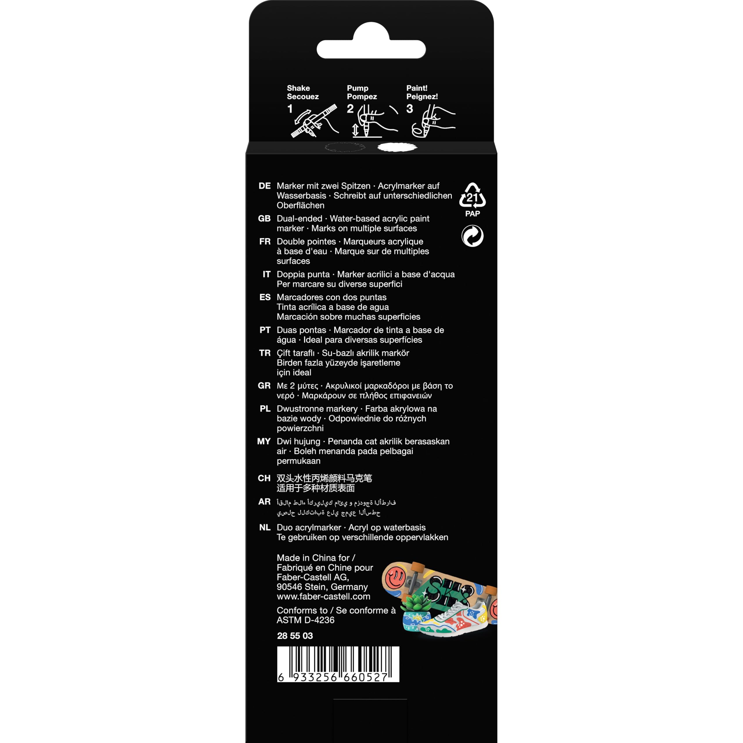 Faber Castell 285503 - Set 2 Marcadores Acrilicos Black Edition de Doble Punta Shake & Paint - Negro y Blanco