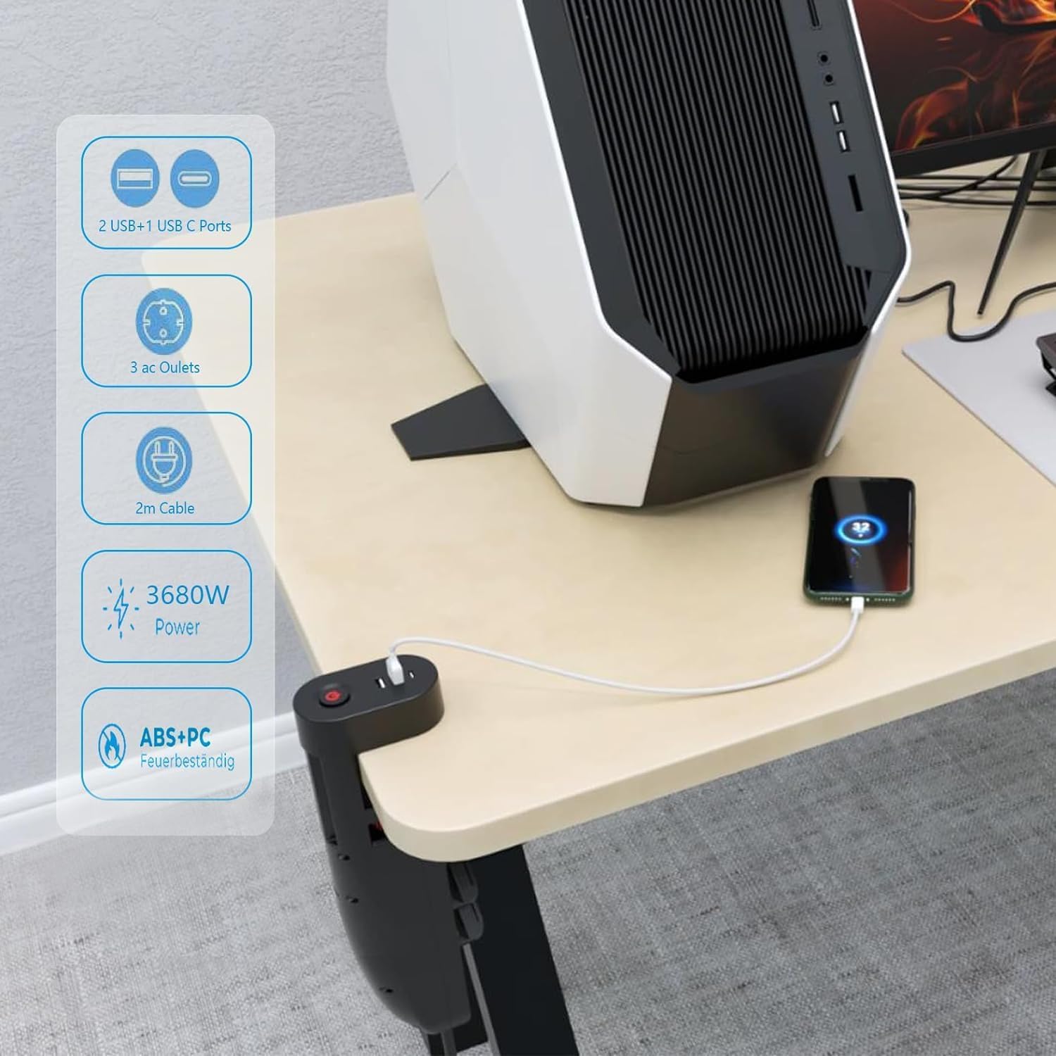 Steckdosenleiste 3 Fach mit 3 USB Ladeanschlüsse, Mehrlochsteckdose mit Tischclip (3680W) Steckerleiste USB(5V 3.4A,17W) mit 2M Kabel für Smartphones, Laptop, iPAD -Schwarz (Packung mit 2)