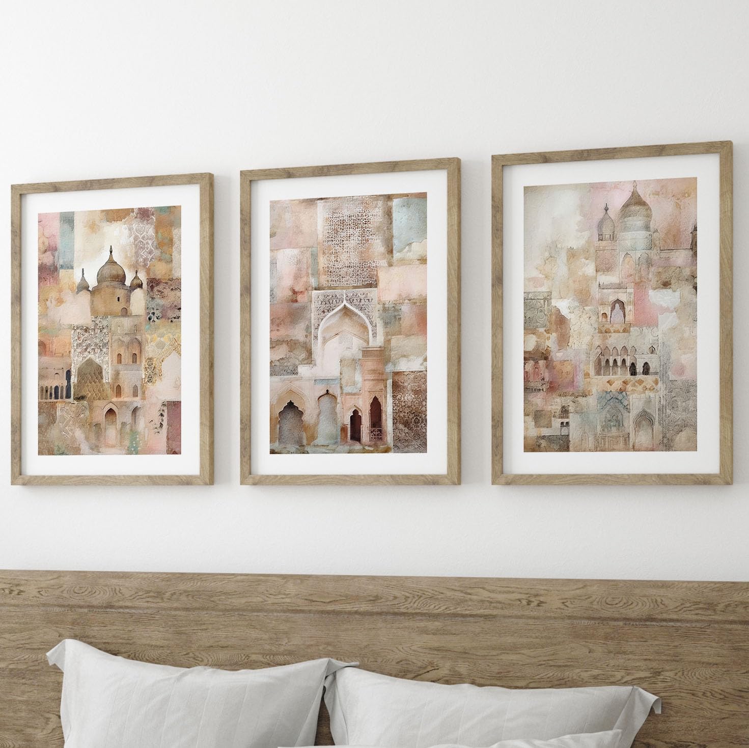 Moroccan Sunset Abstract Set of 3 Unframed Wall Poster Prints, Digitally Printed Painting Style, Lounge Bedroom Kitchen Bathroom Home Decor, Moroccan Architecture in Pale Neutral and Pink Shades (A4)