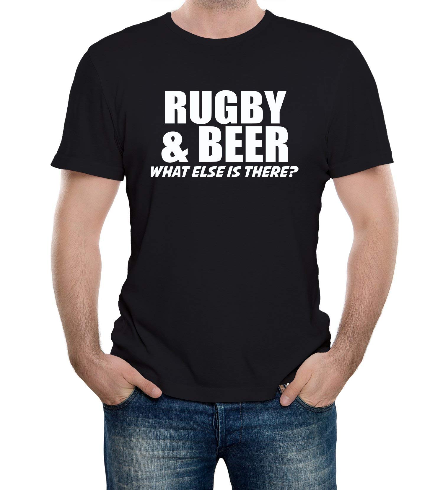 Reality Glitch Men's Black Rugby And Beer What Else Is There? Funny Novelty Drinking Slogan Gift T-Shirt (Large, )