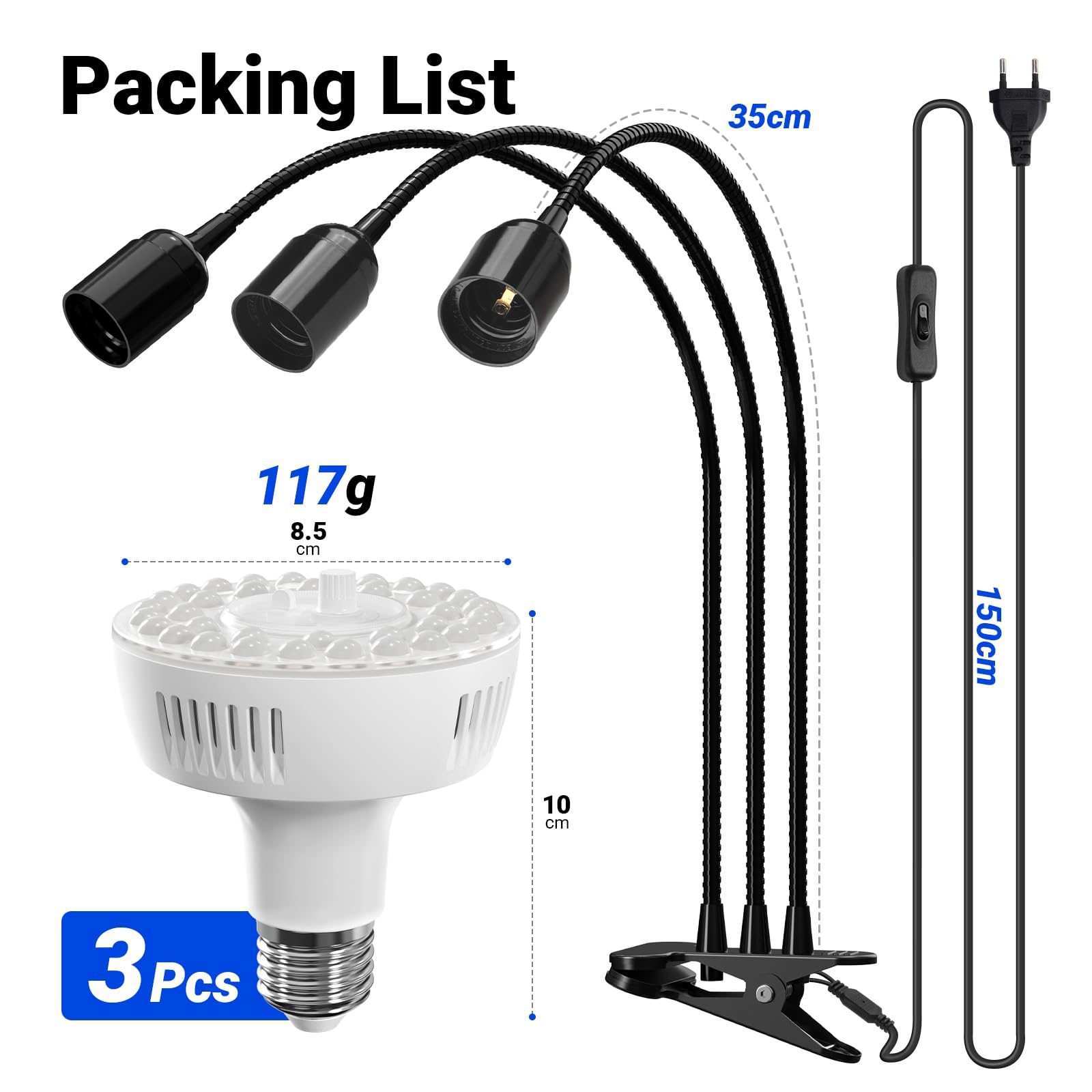 Barrina Orbgrow OG11A3 Clip-On-Pflanzenlampe, 4000K 33W, 3 Schwanenhals | E27, Stufenlose Dimmfunktion, 4/8/12h Timer, 3x11W (Entspricht 300Watt), Vollspektrum-Grow Light für Zimmerpflanzen