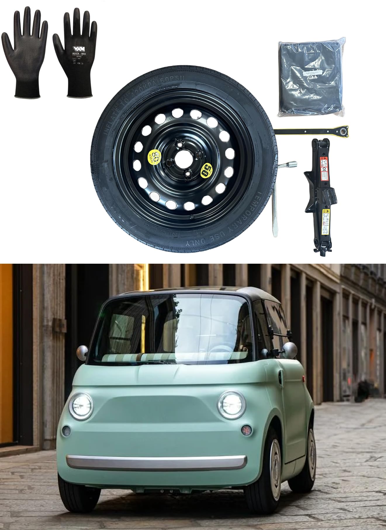 Kit Ruotino di Scorta 15" compatibile con Fiat Topolino/Citroën Ami con Cric, Chiave, Guanti e Sacca