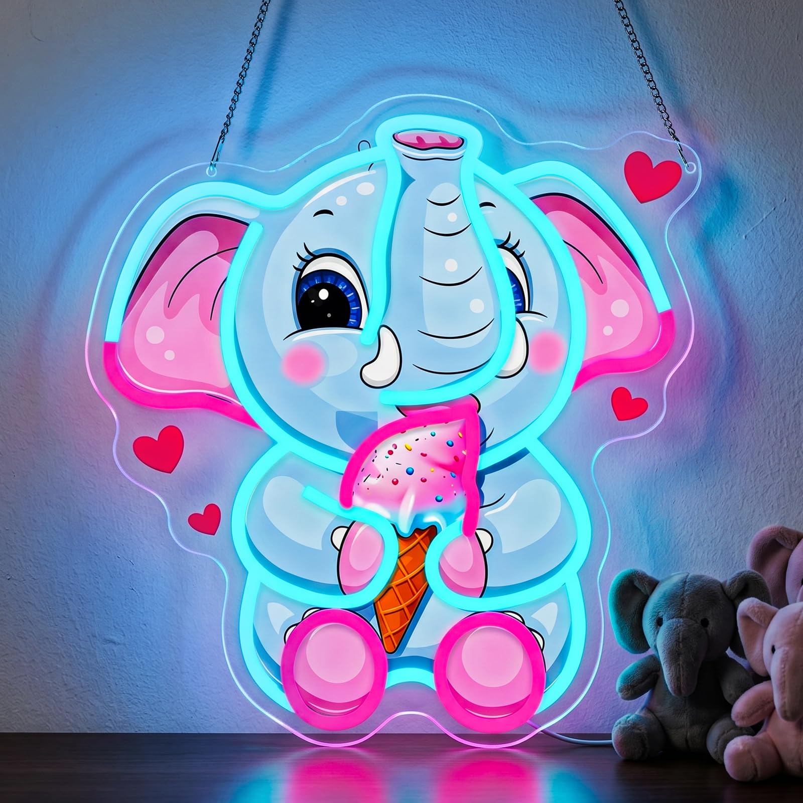 Flixyticy Elephant with Ice Cream Neon Sign for Wall Decoration, Elephant with Ice Cream Cone Luminous Advertisement, LED Light Sign Hanging Sign for Living Room, Ice Cream Parlor, Restaurant, Pet