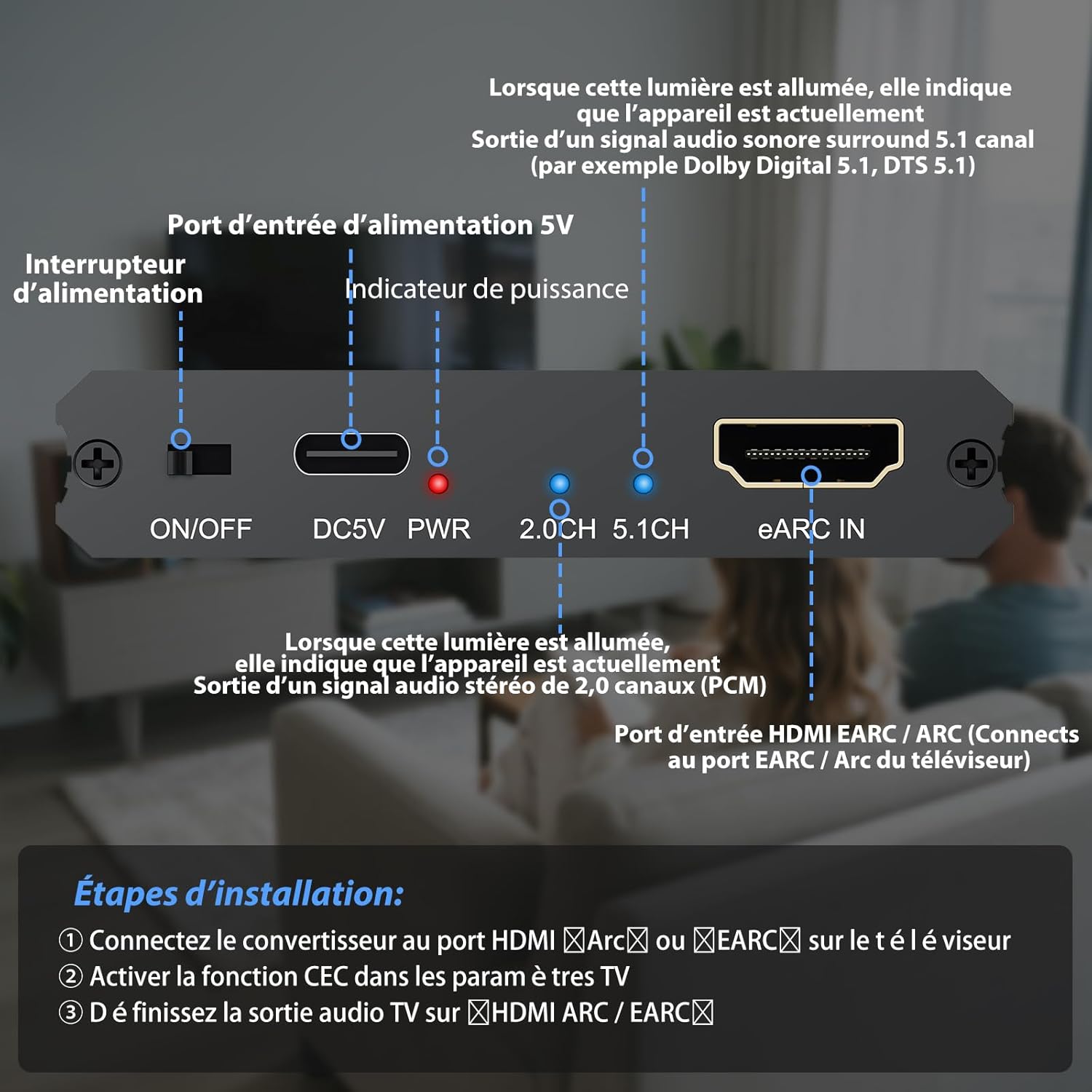 클로즈업 view of the CAMWAY eARC Audio Extractor's output side, showing the Optical digital audio output, L/R RCA analog audio outputs, and the 3.5mm stereo audio output jack.