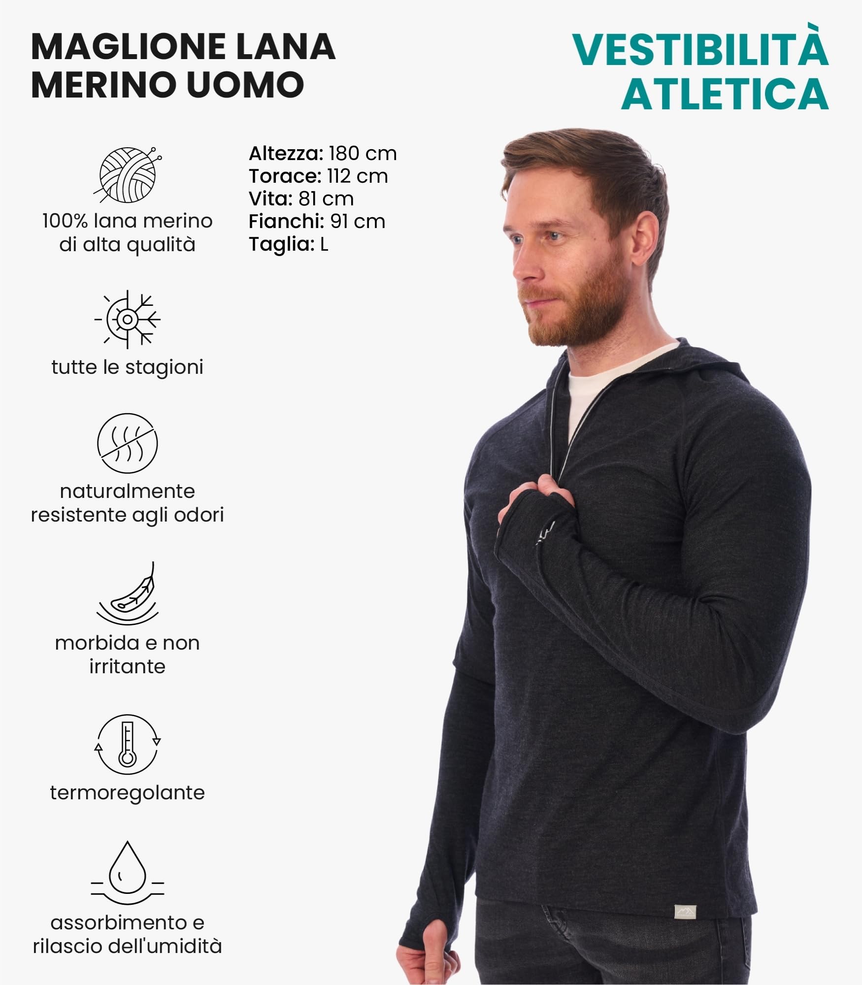 Merino.tech 100% Lana Merino Uomo Felpa con Cappuccio - Strato Base in Lana Merino Uomo Mezza Zip Termica Manica Lunga Camicia Leggera