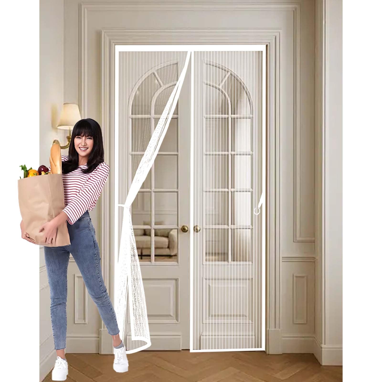 Feijdon White Fly Screens For Doors 172X216cm(Widthxhigh) Powerful Magnets And Full Frame Magic Tape, No Drill Installation Mosquito Proof Door Curtains Hundreds Of Sizes, Lets Fresh Air In,