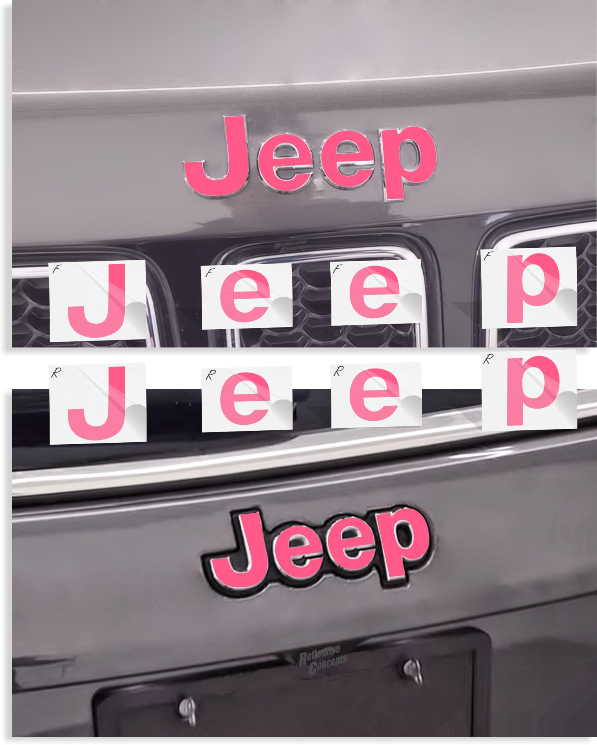 Reflective Concepts - 2018-2025 Jeep Compass MP - Jeep Front and Rear Emblem Overlay Decal Stickers - (Color: Hot Pink)