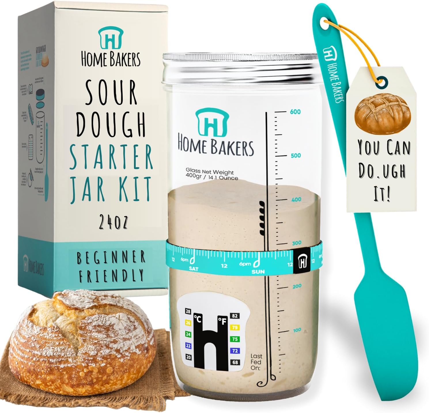 Premium Sourdough Starter Kit – 24oz Wide Mouth Glass Jar with Feeding Band, Temp Strip, Airthight Lid & Scraper – Beginner-Friendly Sour Dough Kit & Sourdough Bread Baking Supply