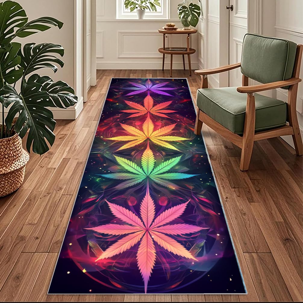 Tappeto Cucina Antiscivolo Lavabile, Passatoia per Corridoio e Ingresso,Motivo a Foglie Colorate ，90 x 180 cm