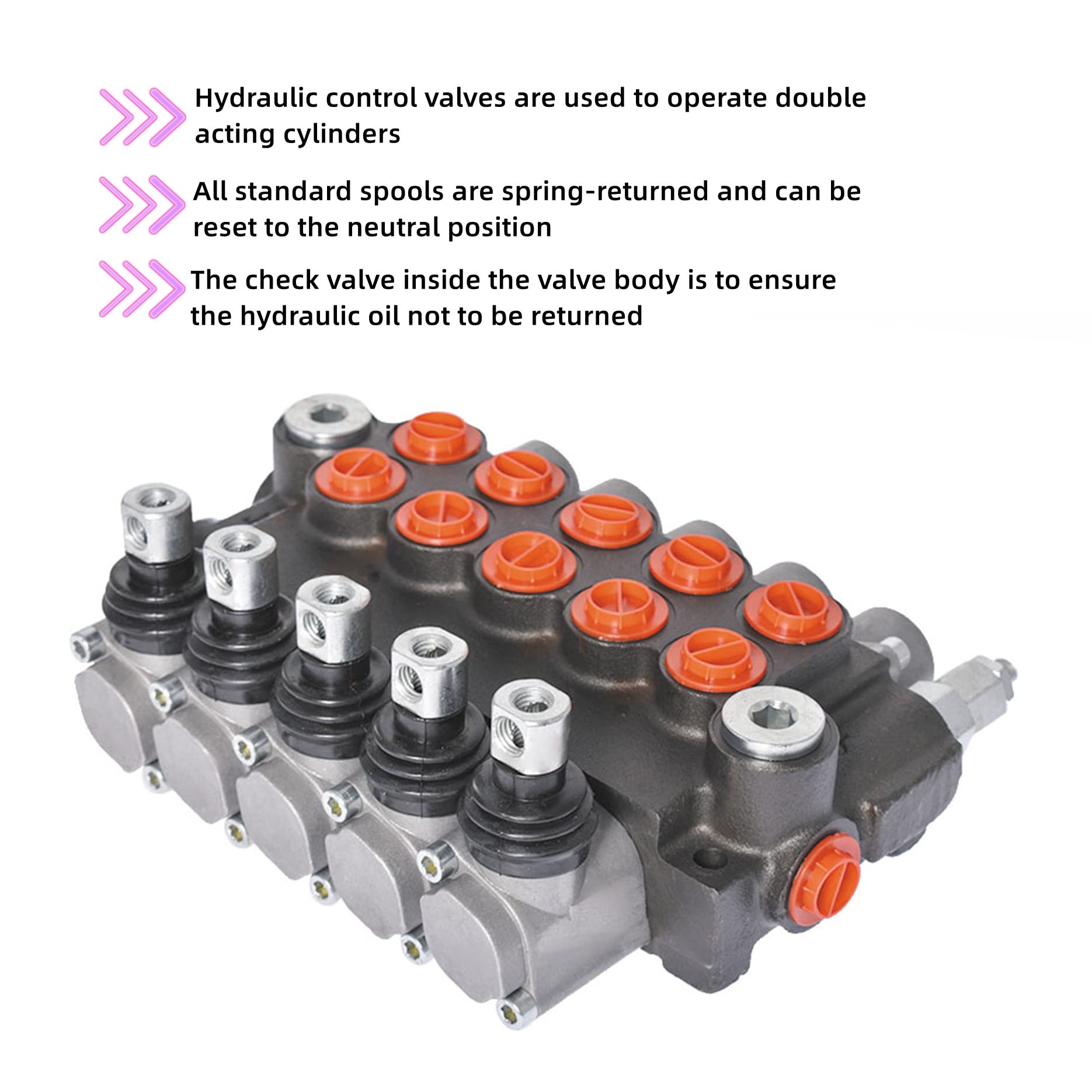 Válvula monobloque de control hidráulico direccional de doble efecto, 5 carretes, 11 gpm, puertos sae con palanca de mando, válvula de control direccional hidráulico de 3625 psi, apta para tractores