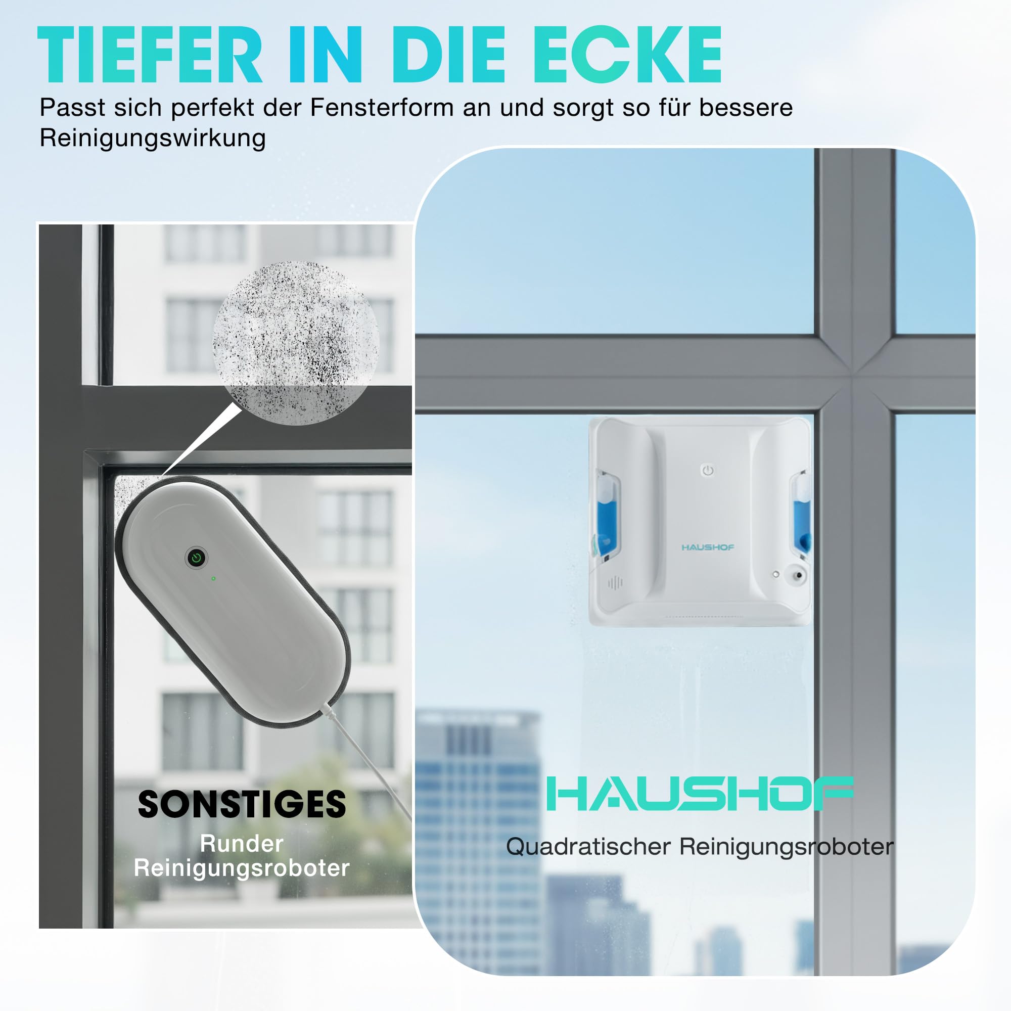 HAUSHOF Fensterputzroboter, Elektrischer Fensterputzer mit 3800Pa Saugkraft | Automatischer Fensterreiniger, 3 Reinigungsmodi, Doppelwassertank, Intelligente Pfadplanung, 10 m Fernbedienung für Fenster