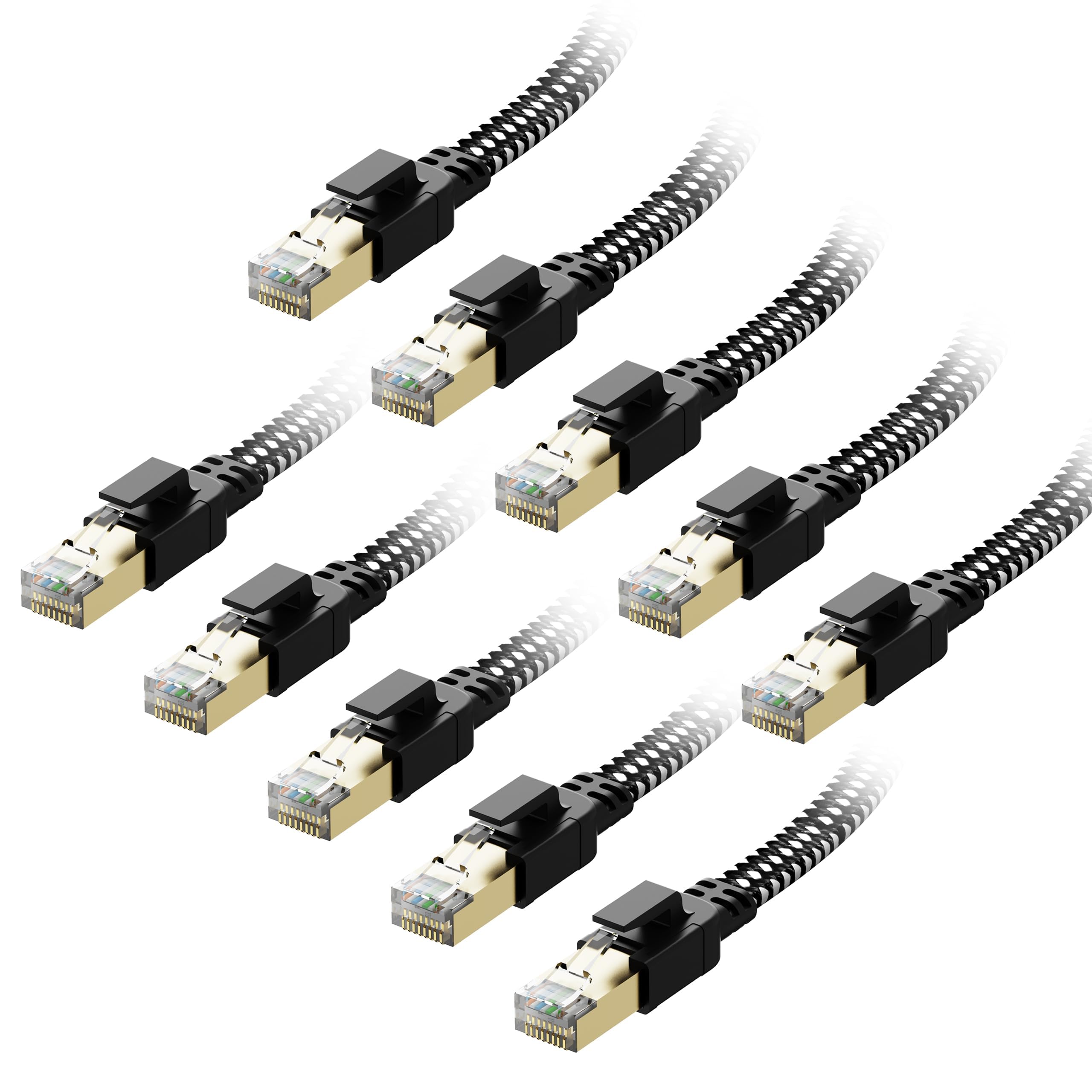 Cavo Ethernet Cat 8 da 1,8 m, confezione da 10 pezzi, in nylon intrecciato ad alta velocità, resistente, cavo Internet RJ45 piatto, 40 Gbps, 2000 MHz, schermato a parete, per interni ed esterni, per