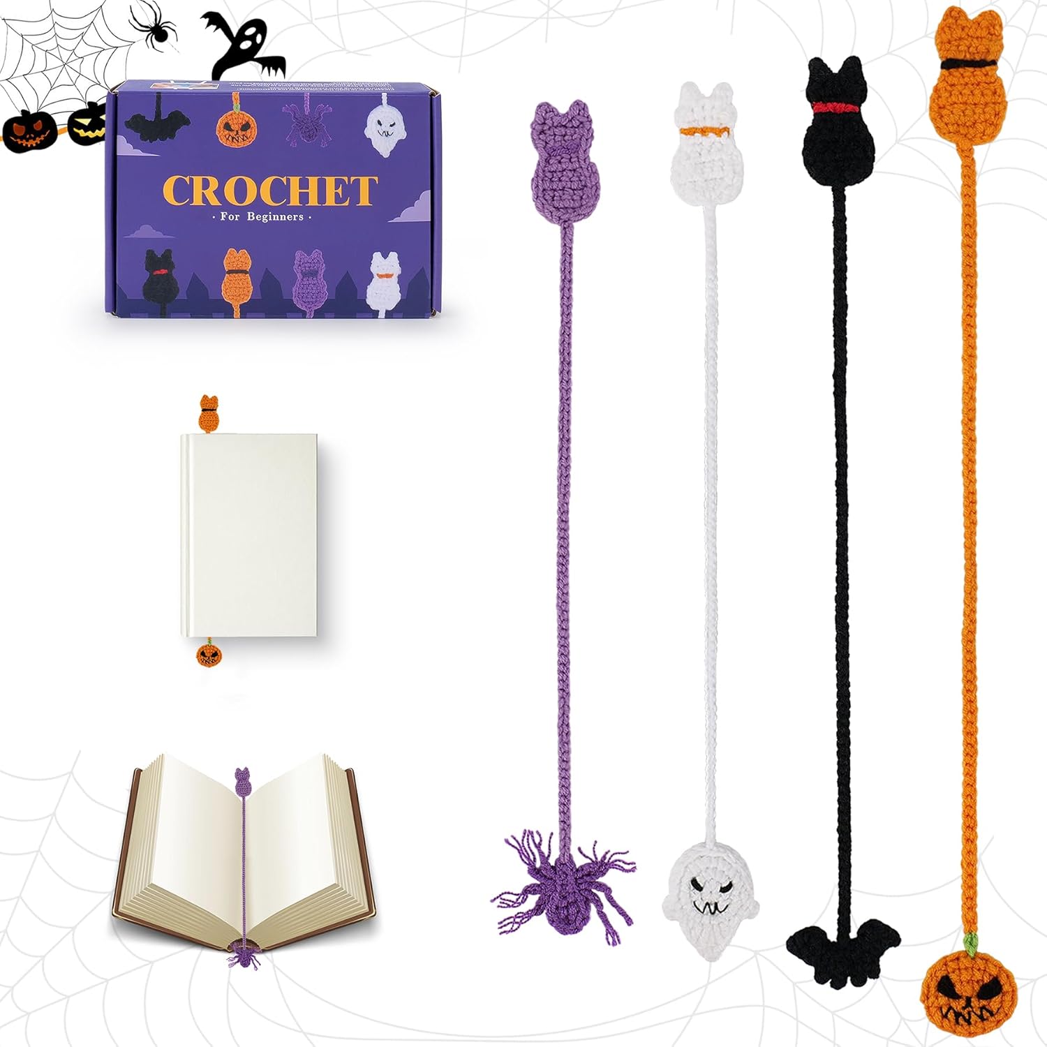 Crochet Kit for Beginners Halloween 4 PCS Bookmarks Crochet Kit with StepbyStep