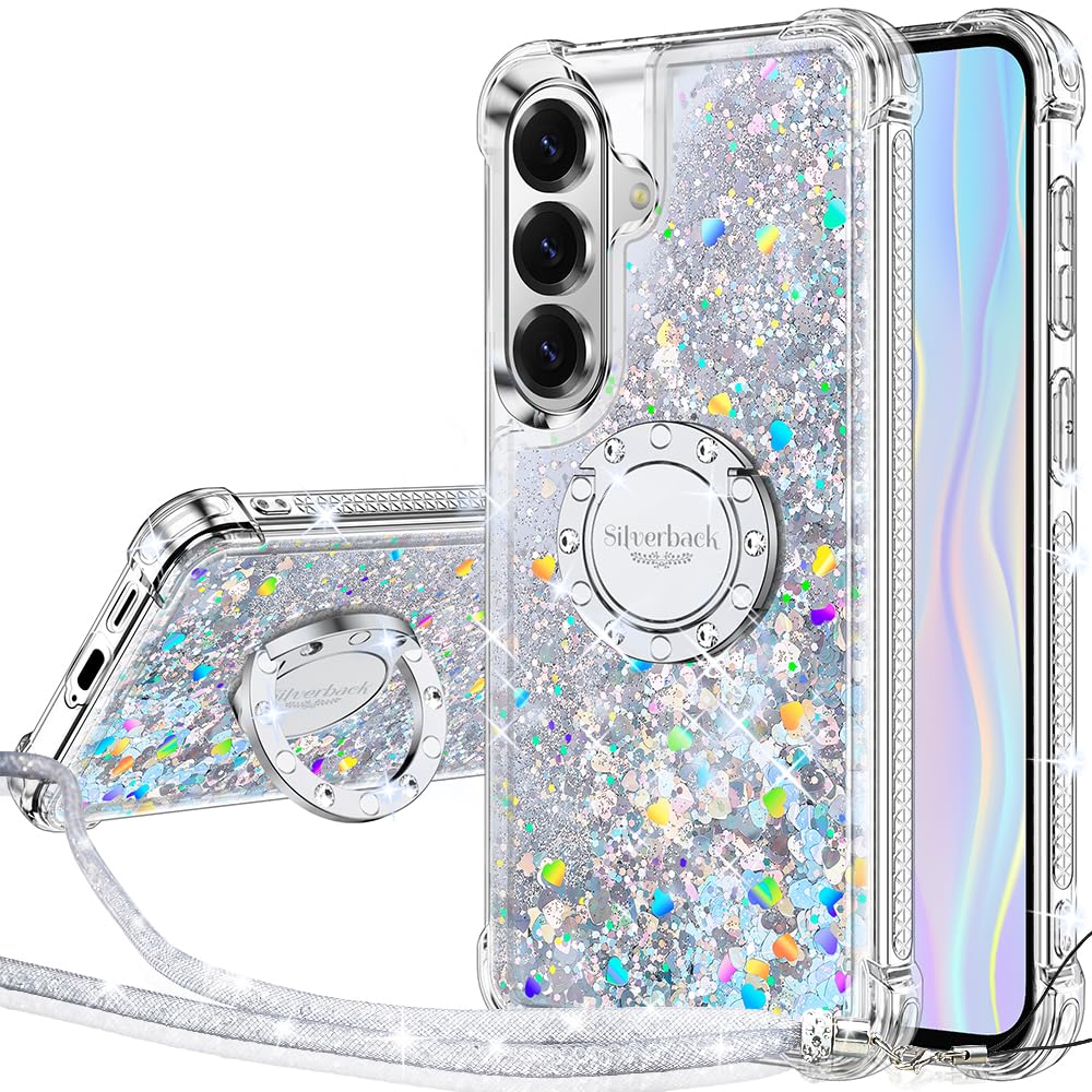 Silverback Etui na telefon Samsung Galaxy S26 z paskiem dla dziewcząt i kobiet, błyszczące etui z podpórką pierścieniową, etui ochronne do Galaxy S26, srebrne