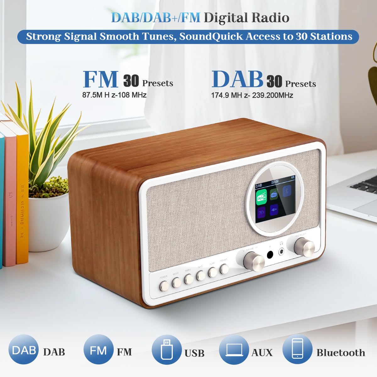 Radio DAB Plus avec Bluetooth, radio DAB+ / FM avec télécommande et fonctionnement sur secteur, radio-réveil avec double alarme, port USB/AUX, minuterie de mise en veille, 30 stations préréglées