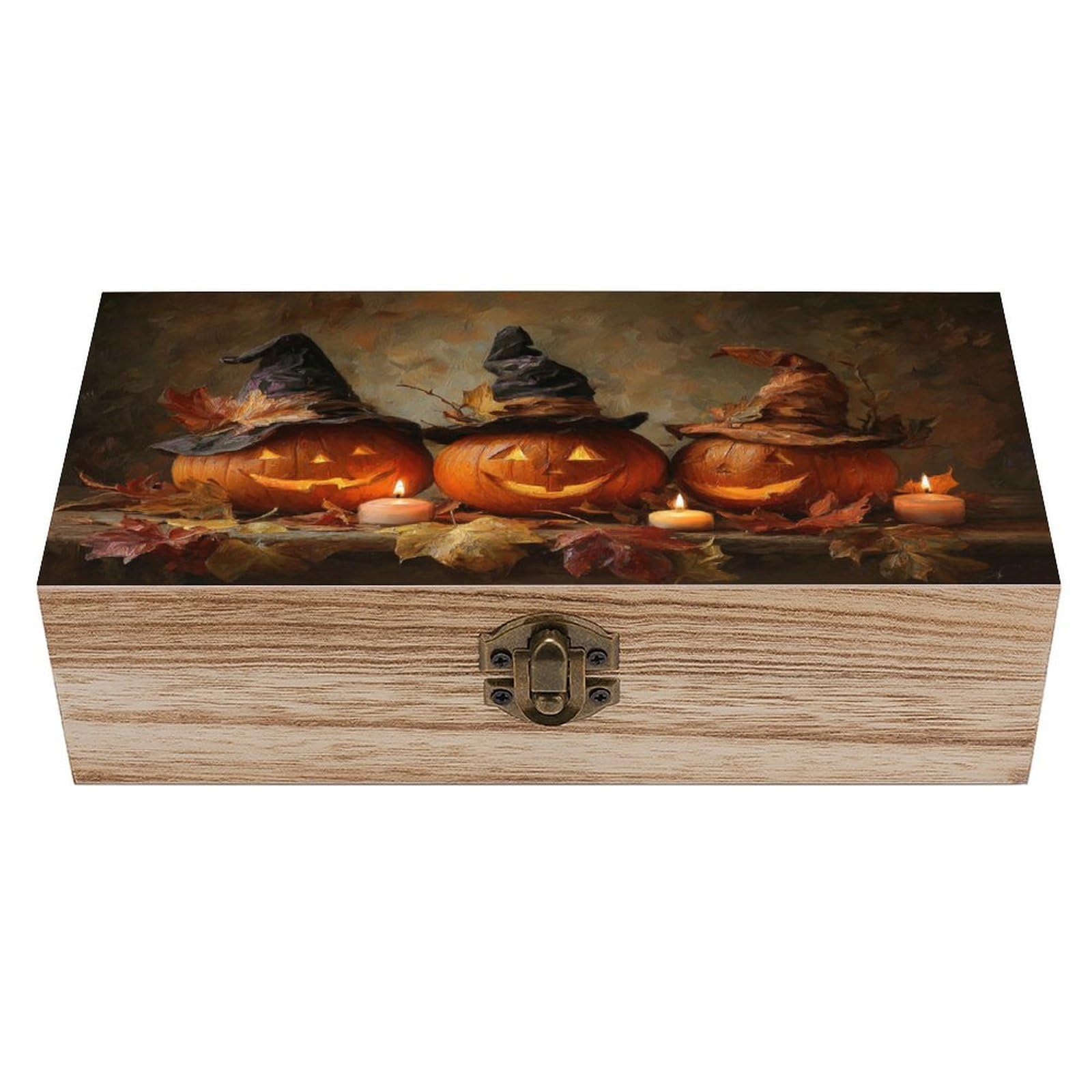 Ahdyr Three Pumpkins Witch Hats Wooden Storage Box with Hinged Lid And Front Clasp Large Keepsake Box