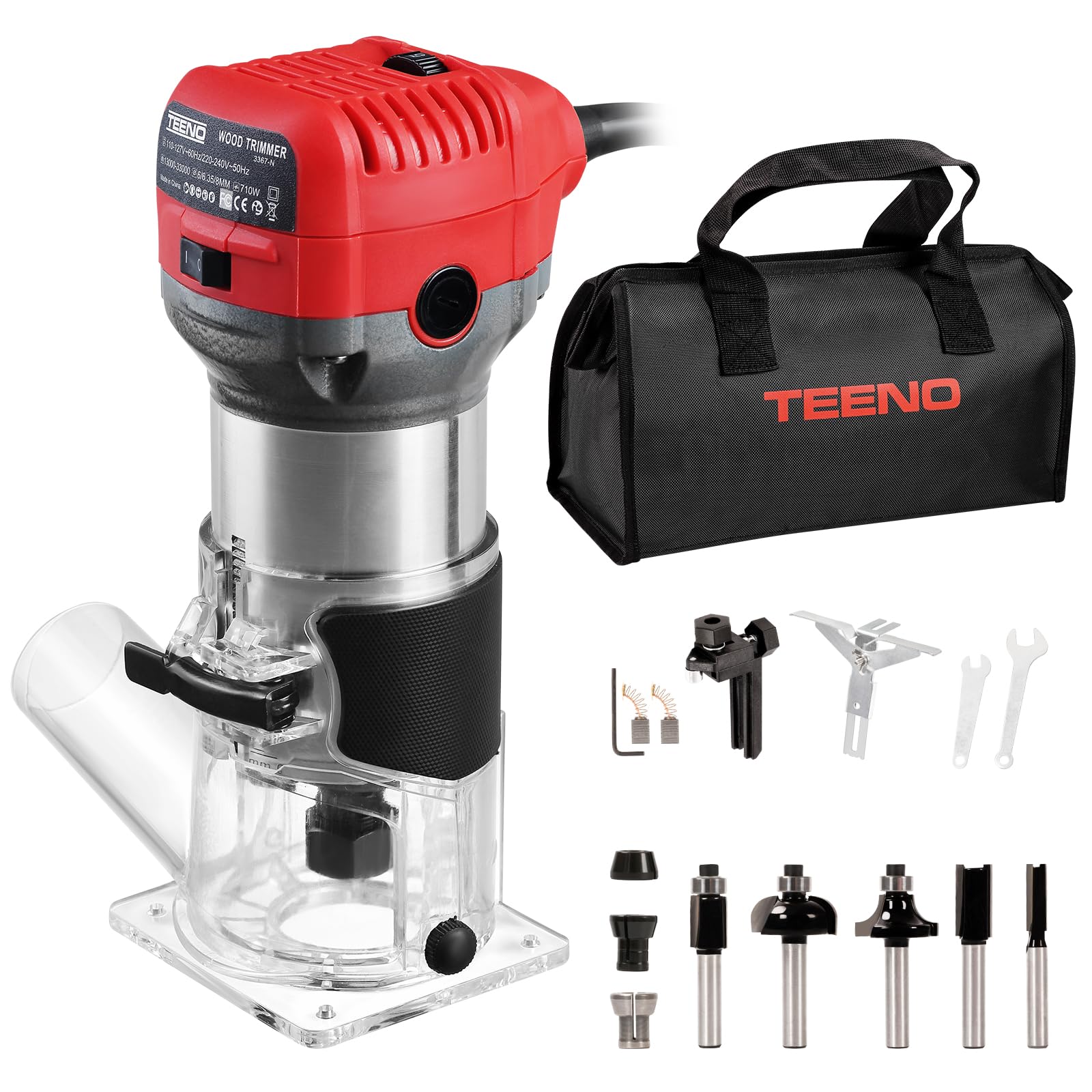 TEENO Fresadora De Madera Rebajadora Eléctrica 800W 13000-33000 RPM CON EXTRACTOR DE POLVO,5 piezas 1/4'' Alicates, 6 Velocidades Variables, Pinza De Base Fija De 6/6.35/8MM,Con Bolsa de lona