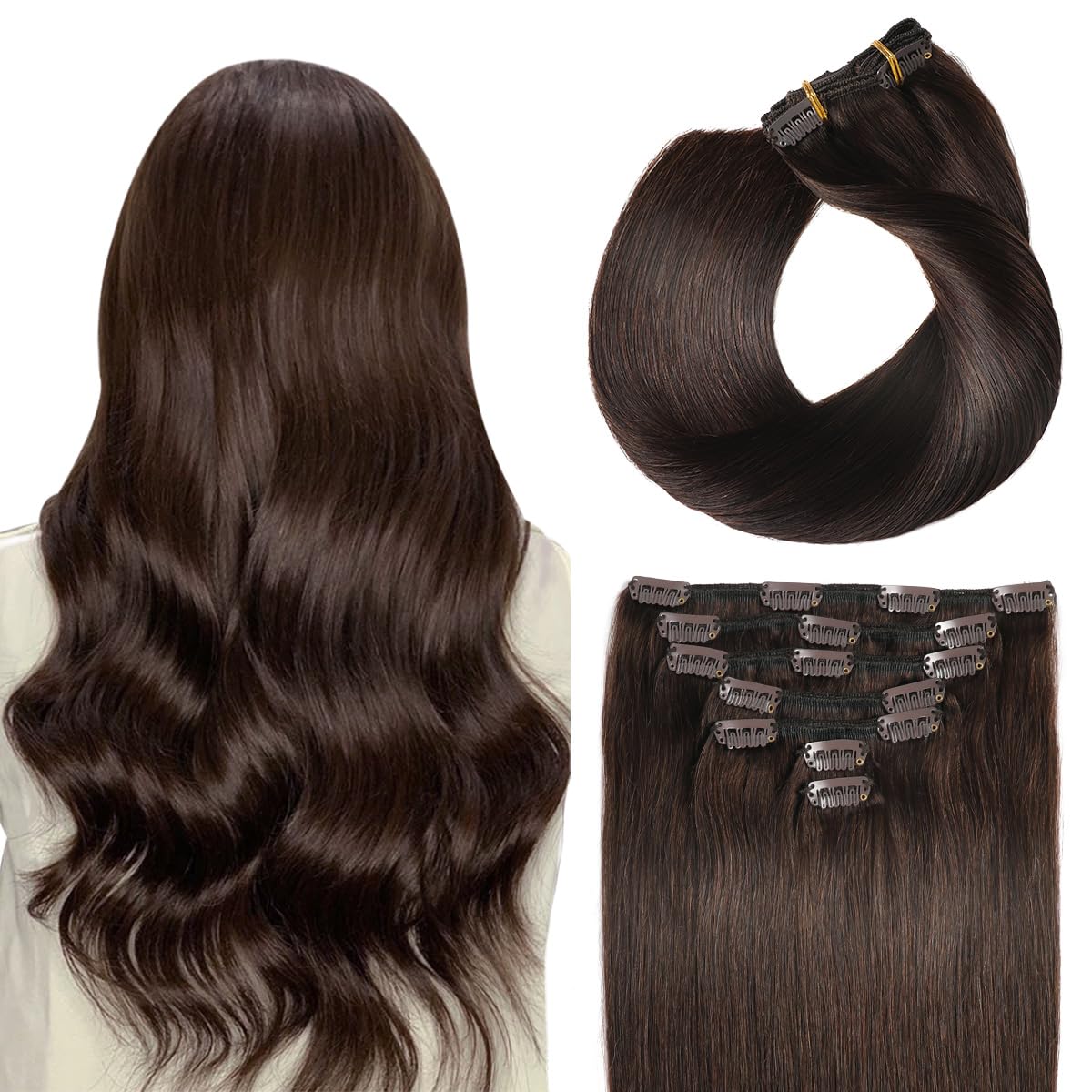 SUYYA Real Human Hair Extensions Clip ins Straight Double Weft Hair Extensions 7pcs 120g(18 inches #2 Darkest Brown)