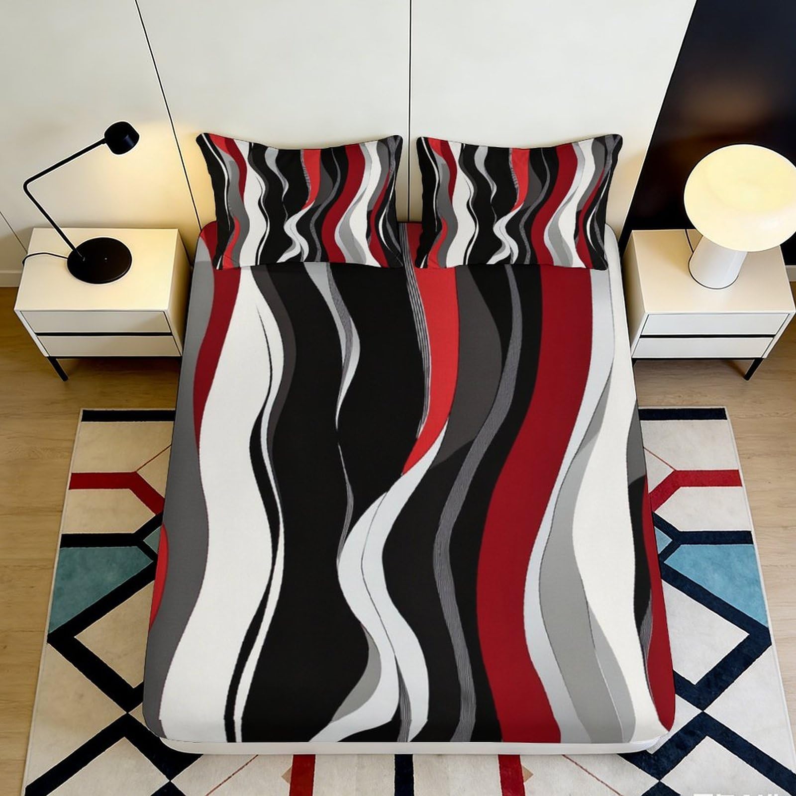 3D Printed Abstract Wave Fitted Sheet Microfiber Soft Durable Modern Bed Cover for Bedroom Dormitory Guest Room Mattress Protection 200x200x25cm