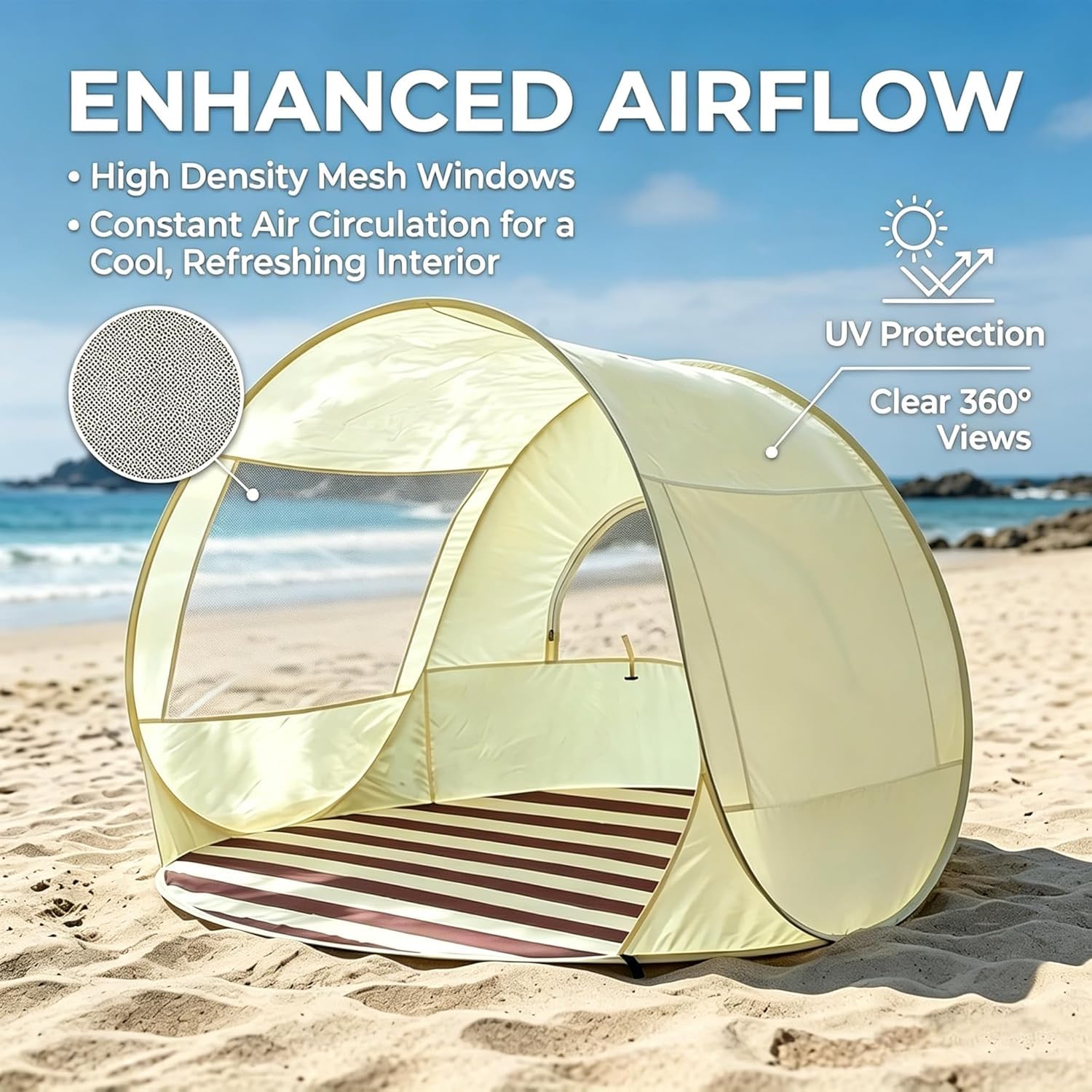 Abri de Plage Pop-Up Tente de Plage – Portable, spacieux, Pare-Soleil de Voyage, Protection UV 50 avec Sac de Transport, pour 2 à 3 Personnes (Plein air, Camping, Pique-Nique, Jardin)