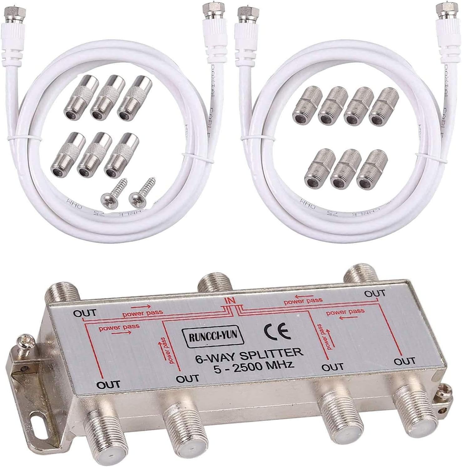 RUNCCIYUN 2 Way Satellite Splitter TV Aerial Splitter F Type Splitter 52500MHz with 2 * 1.5m
